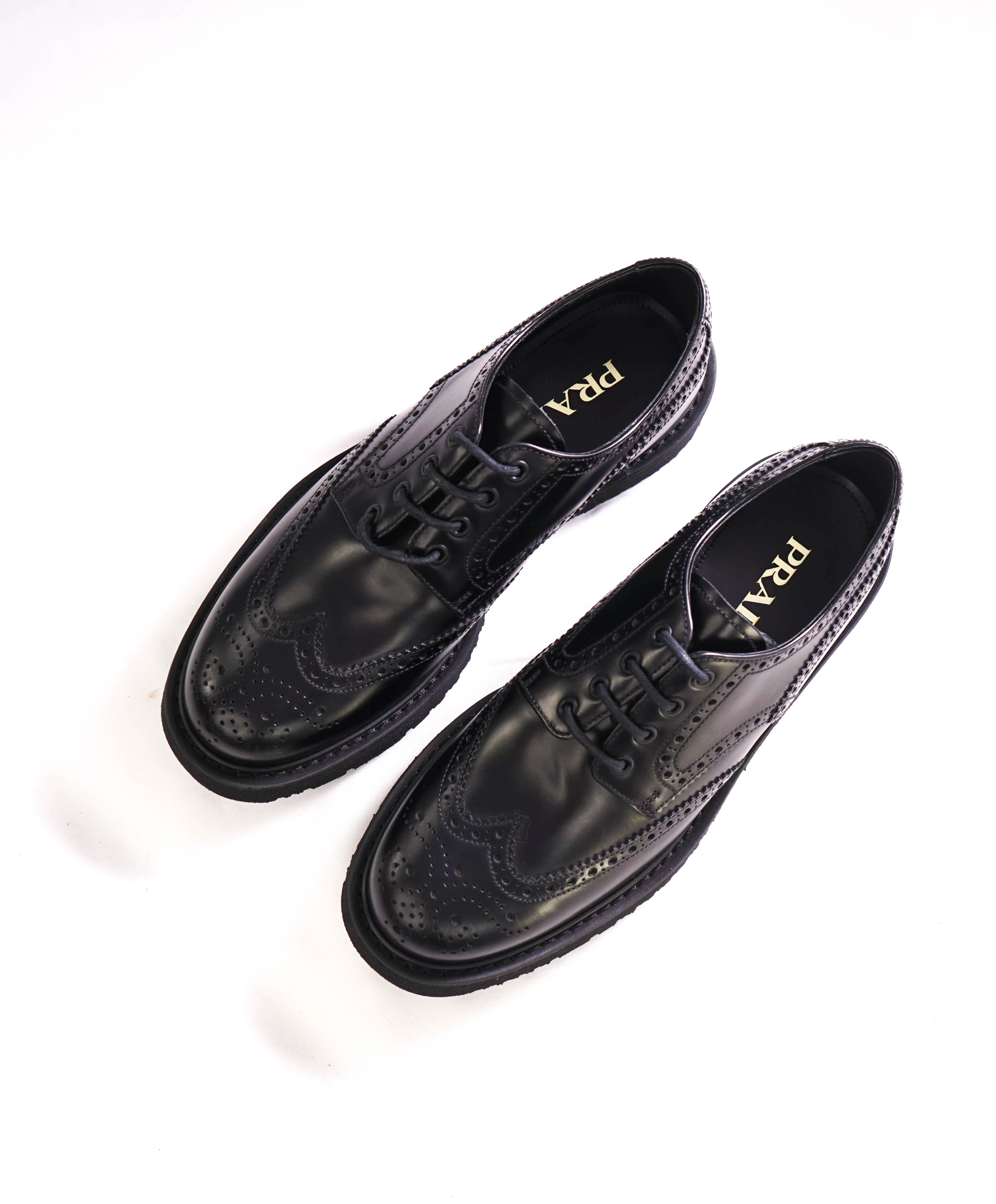 $1,320 PRADA - Black Leather Brogue Spazzolato Lug Sole Oxfords - 8.5 US (7.5 Prada)