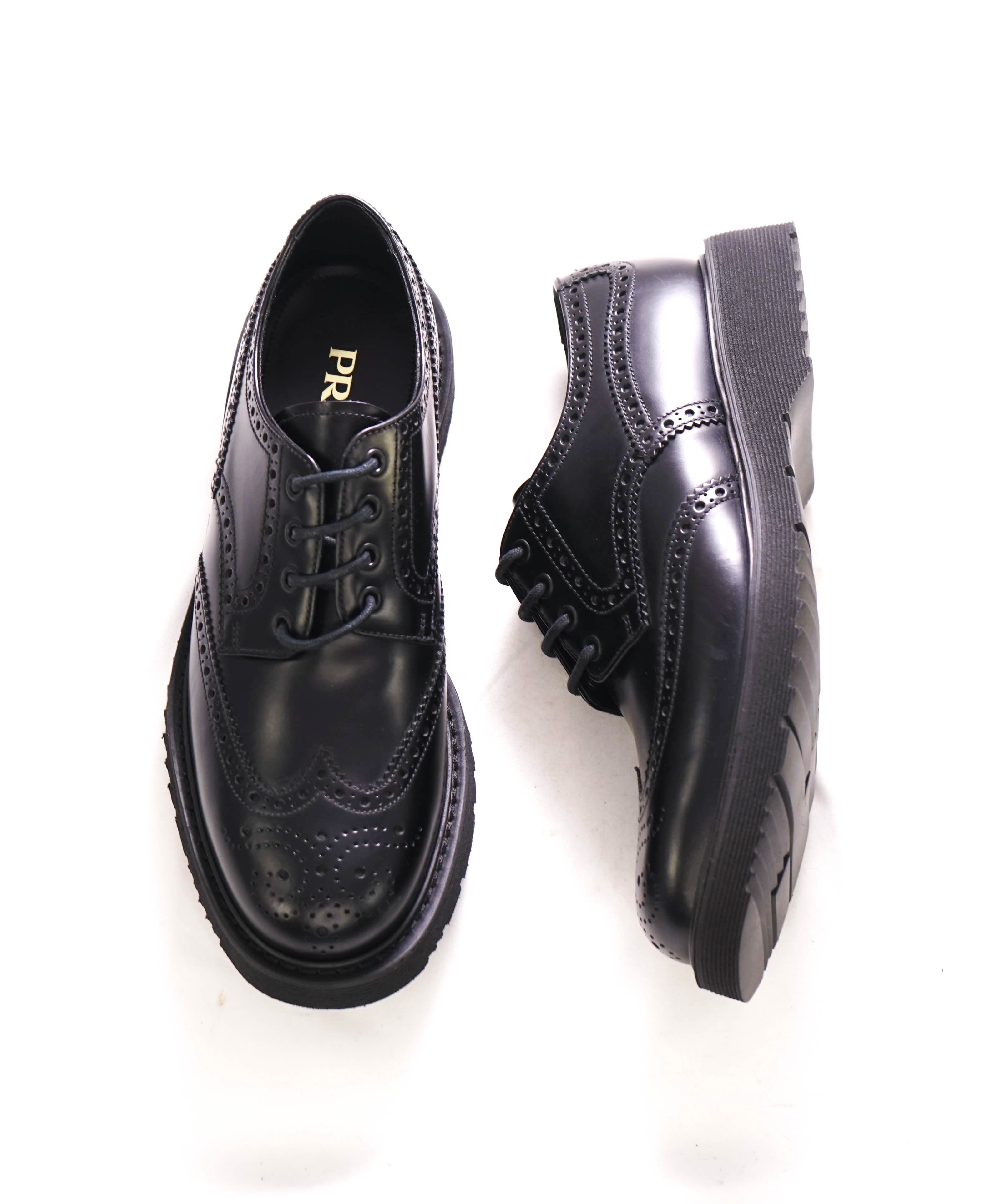 $1,320 PRADA - Black Leather Brogue Spazzolato Lug Sole Oxfords - 8.5 US (7.5 Prada)