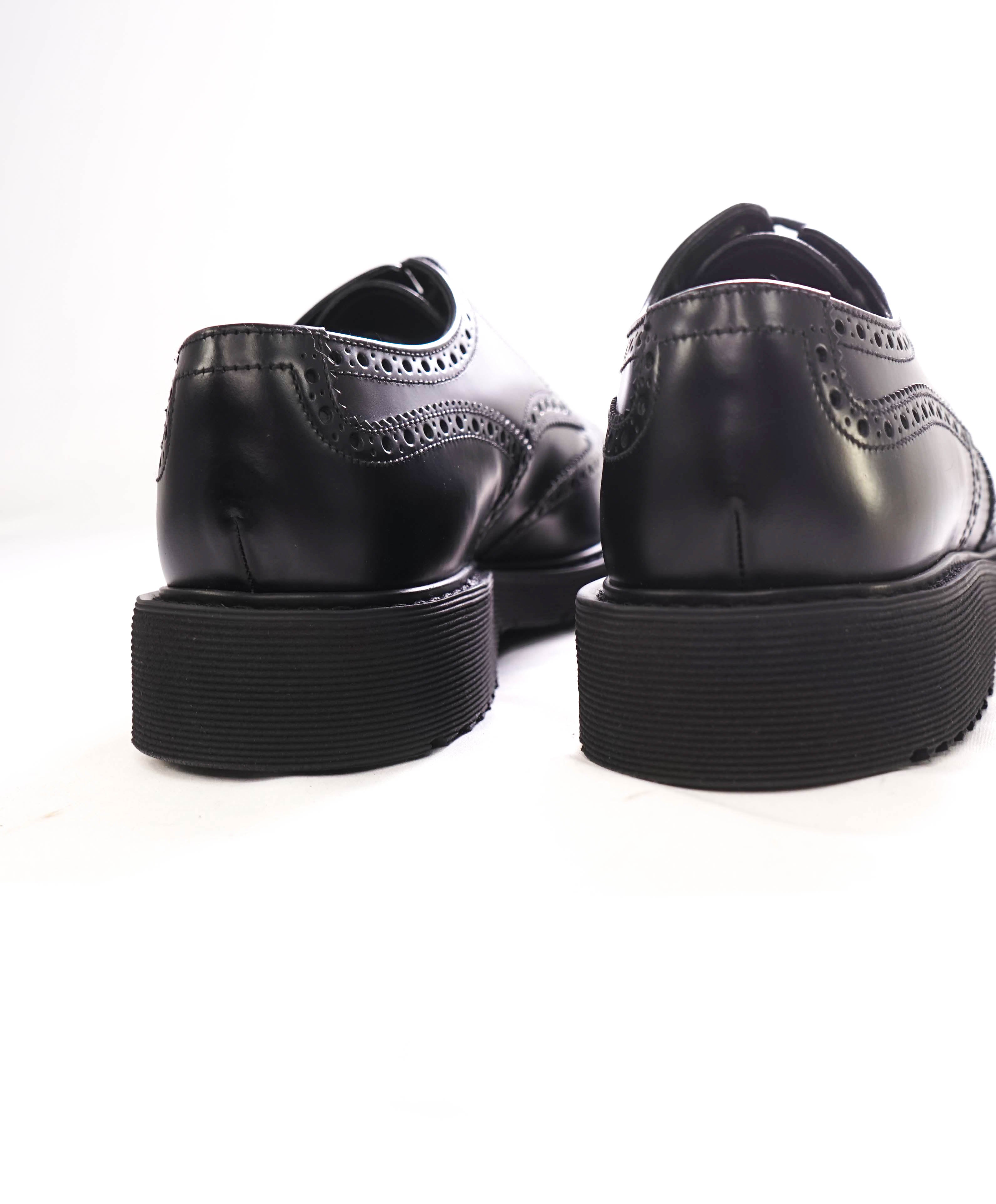 $1,320 PRADA - Black Leather Brogue Spazzolato Lug Sole Oxfords - 8.5 US (7.5 Prada)