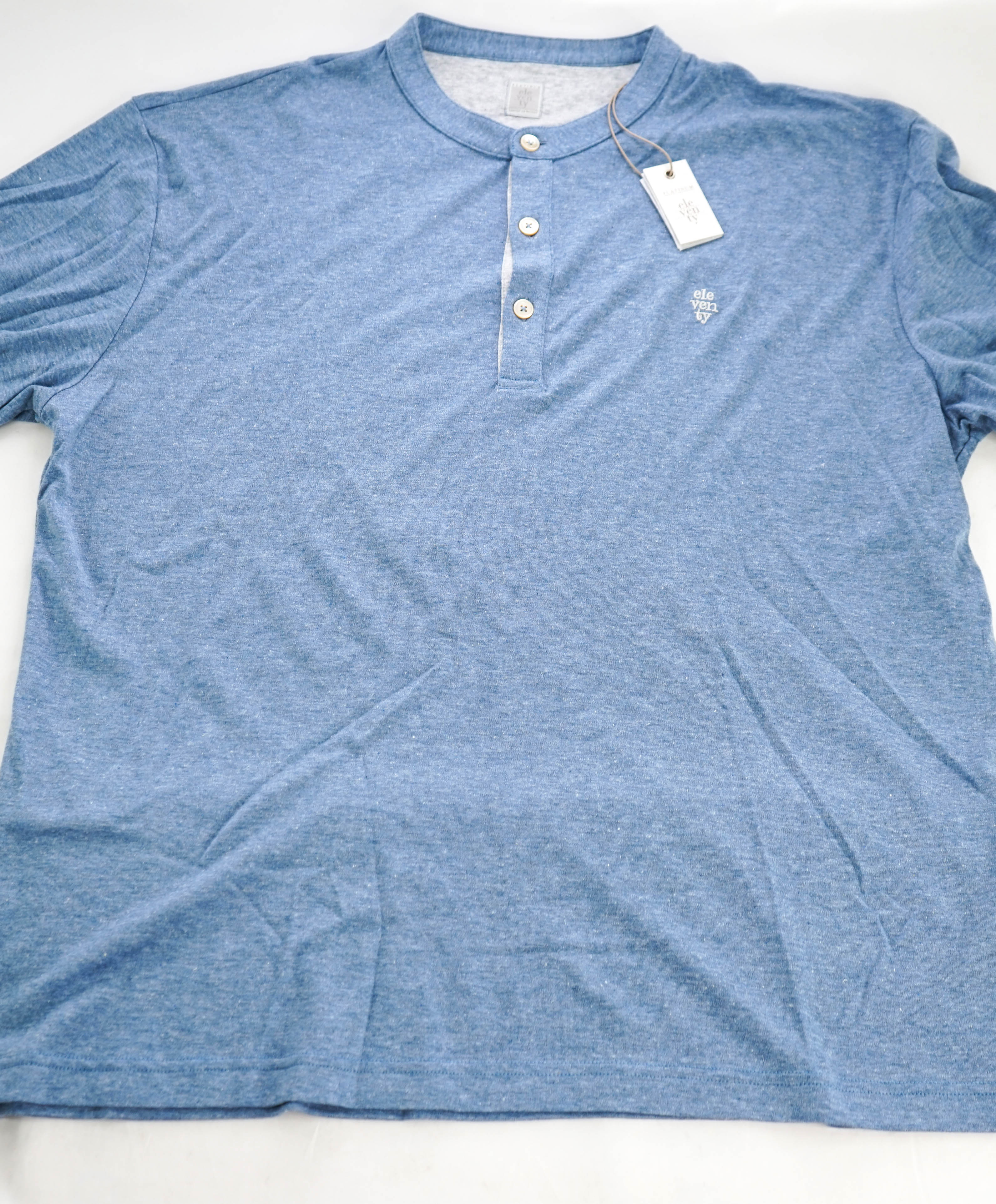 $395 ELEVENTY - Logo COTTON/LINEN Henley T-Shirt Blue/White - XXL