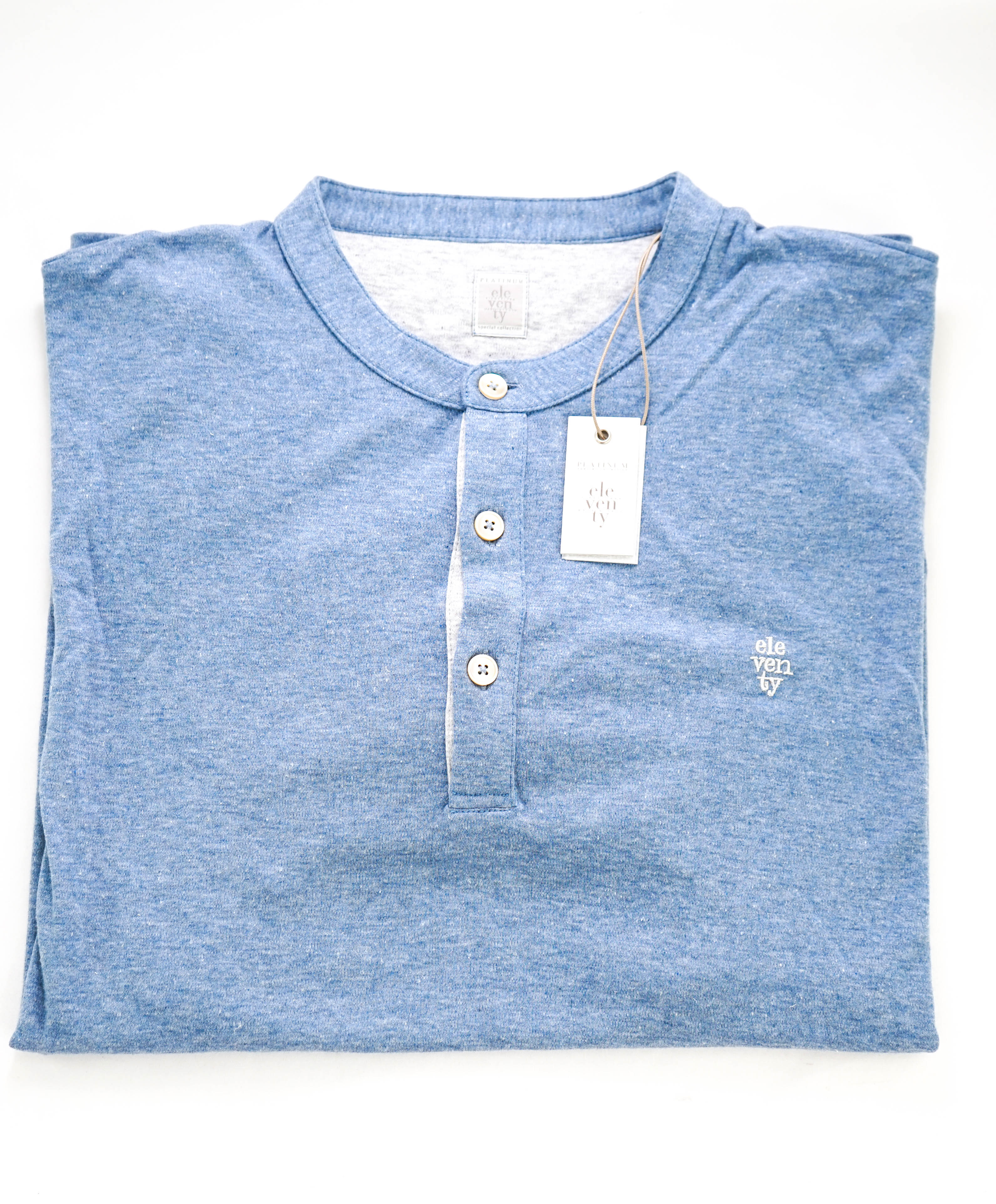 $395 ELEVENTY - Logo COTTON/LINEN Henley T-Shirt Blue/White - L