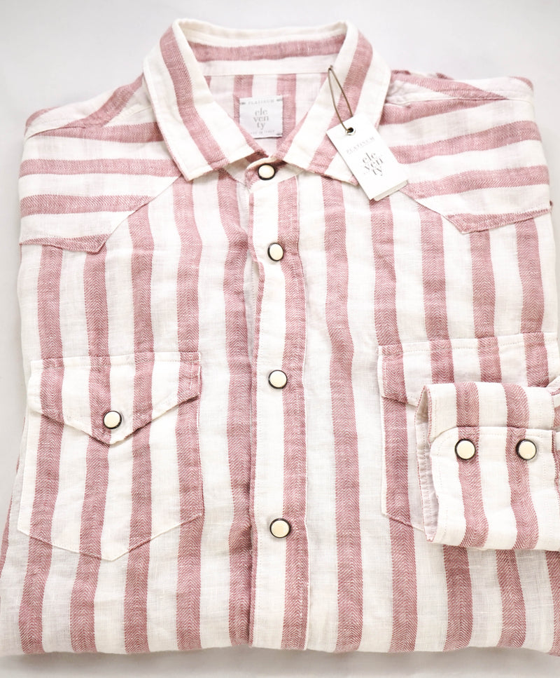 $395 ELEVENTY - Red/Pink White LINEN Broad Stripe SNAP Front Shirt - M