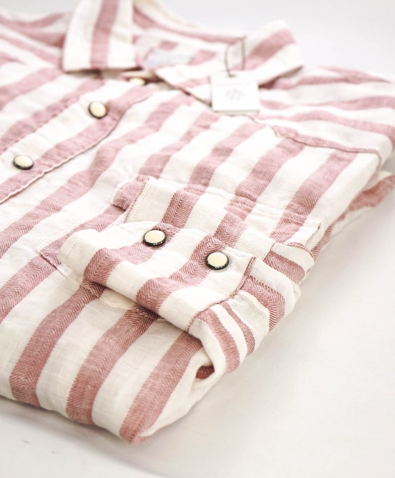 $395 ELEVENTY - Red/Pink White LINEN Broad Stripe SNAP Front Shirt - M