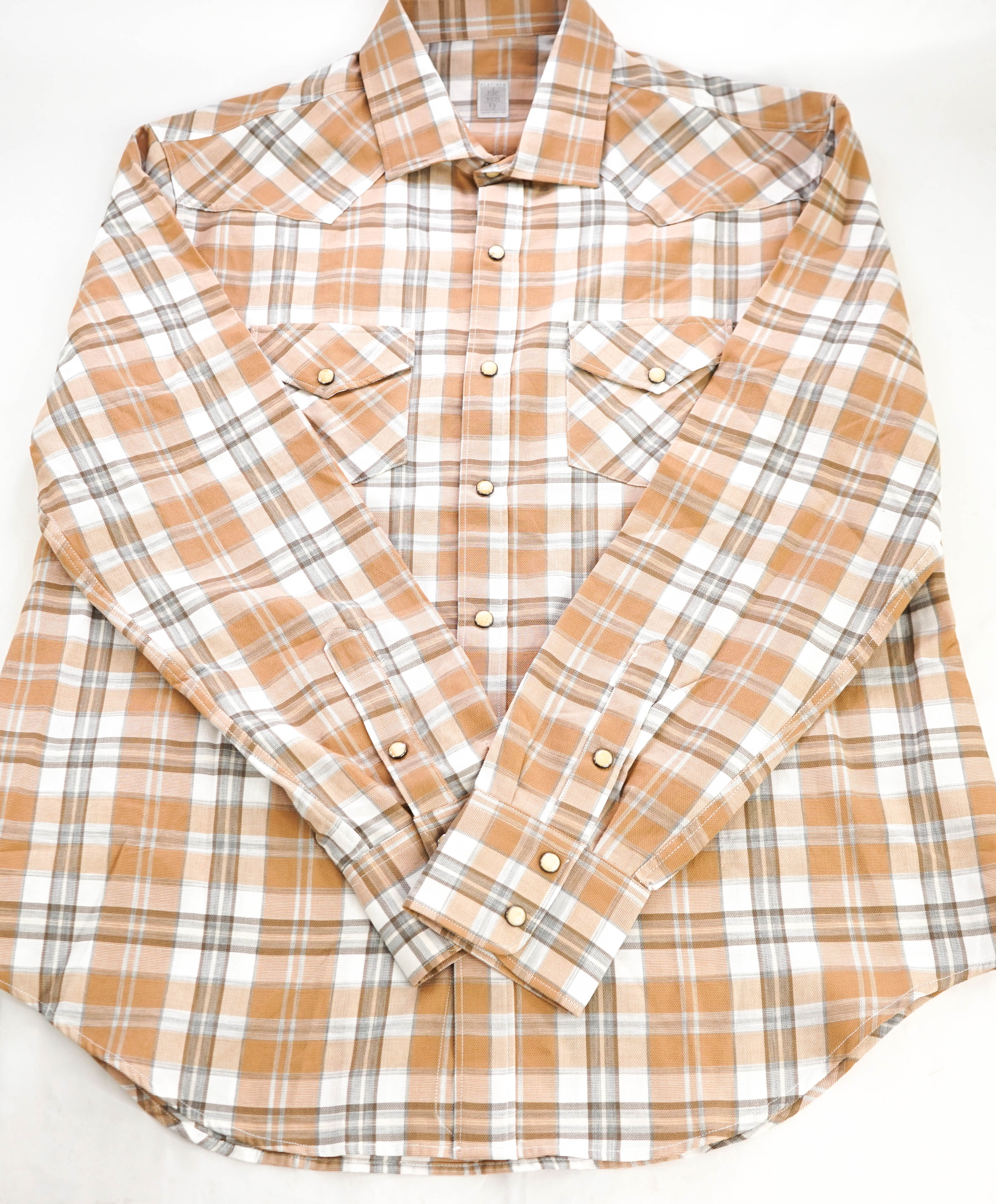 $495 ELEVENTY - *SNAP FRONT* Brown/White Check Dress Shirt - 3XL 17.5