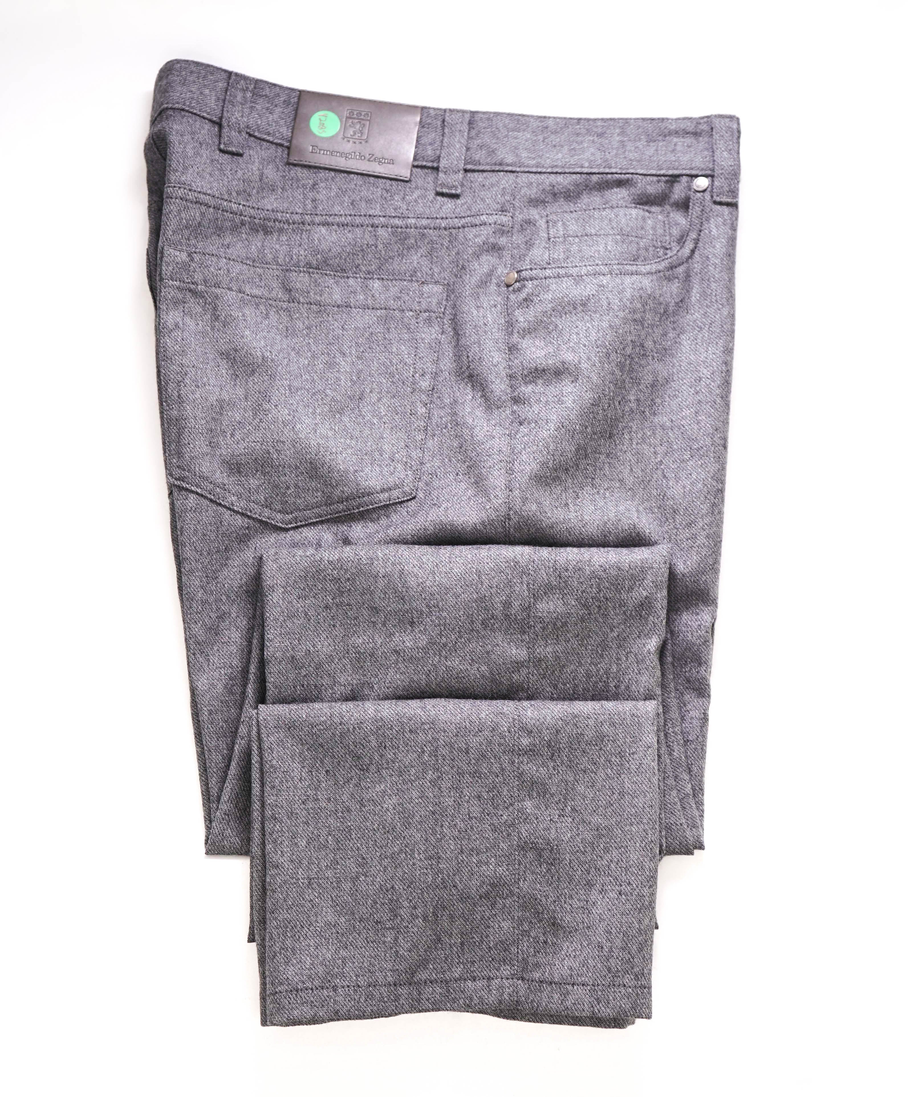 ERMENEGILDO ZEGNA - Gray Flanel WOOL Suede Logo Tag 5-Pocket Pants- 36W