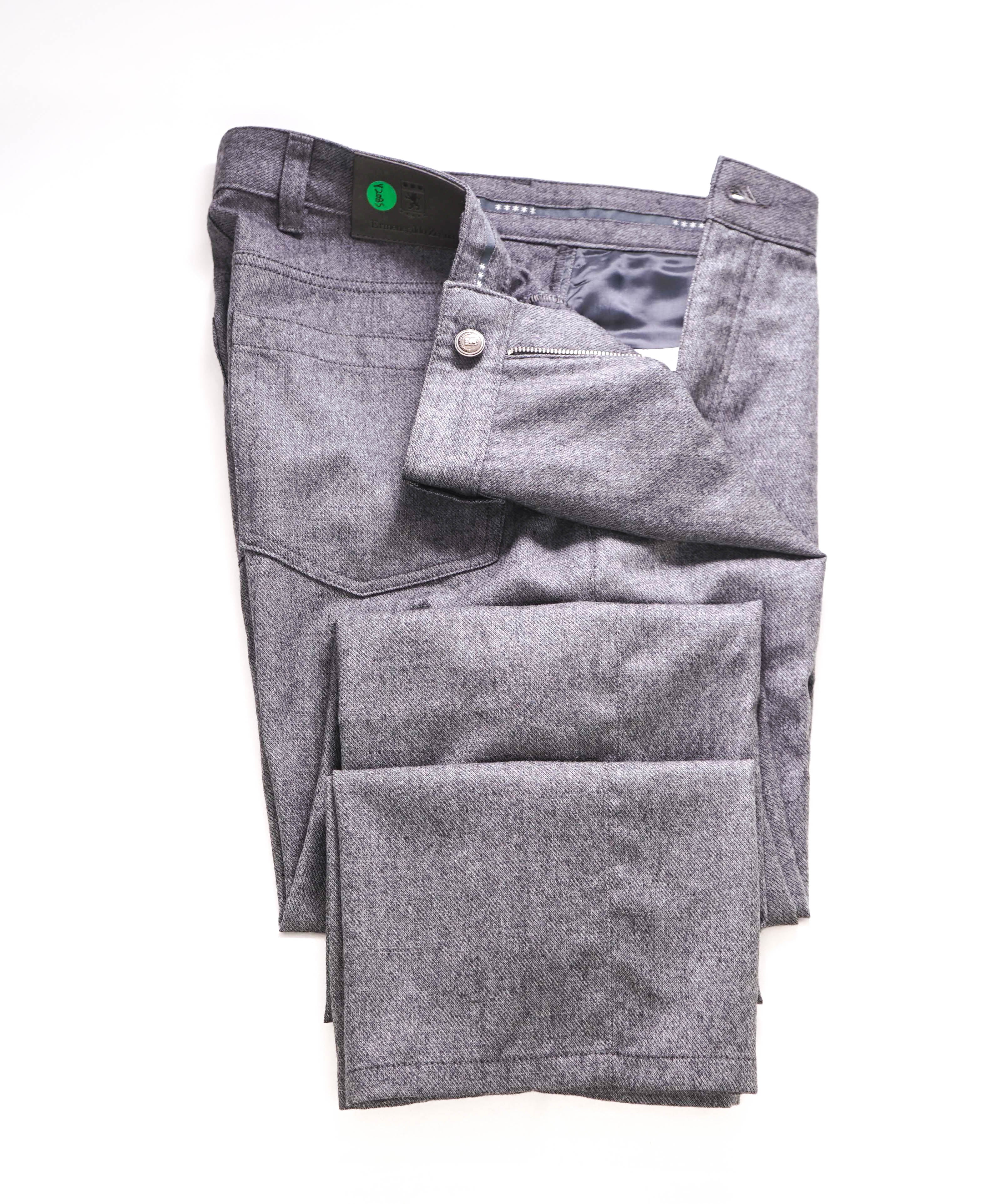 ERMENEGILDO ZEGNA - Gray Flanel WOOL Suede Logo Tag 5-Pocket Pants- 36W