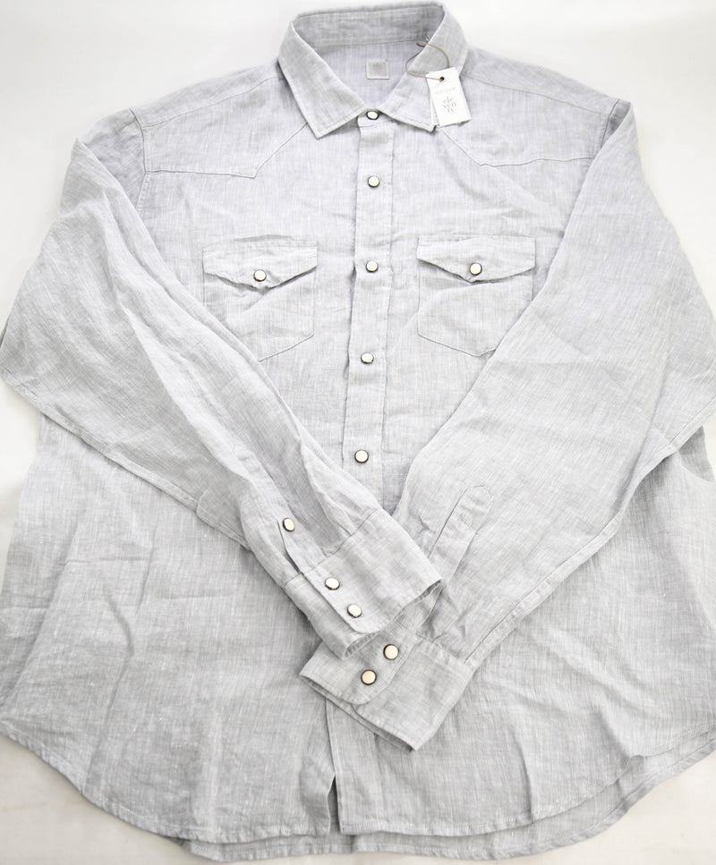 $495 ELEVENTY - *SNAP FRONT* Pure LINEN Gray Dress Shirt - M