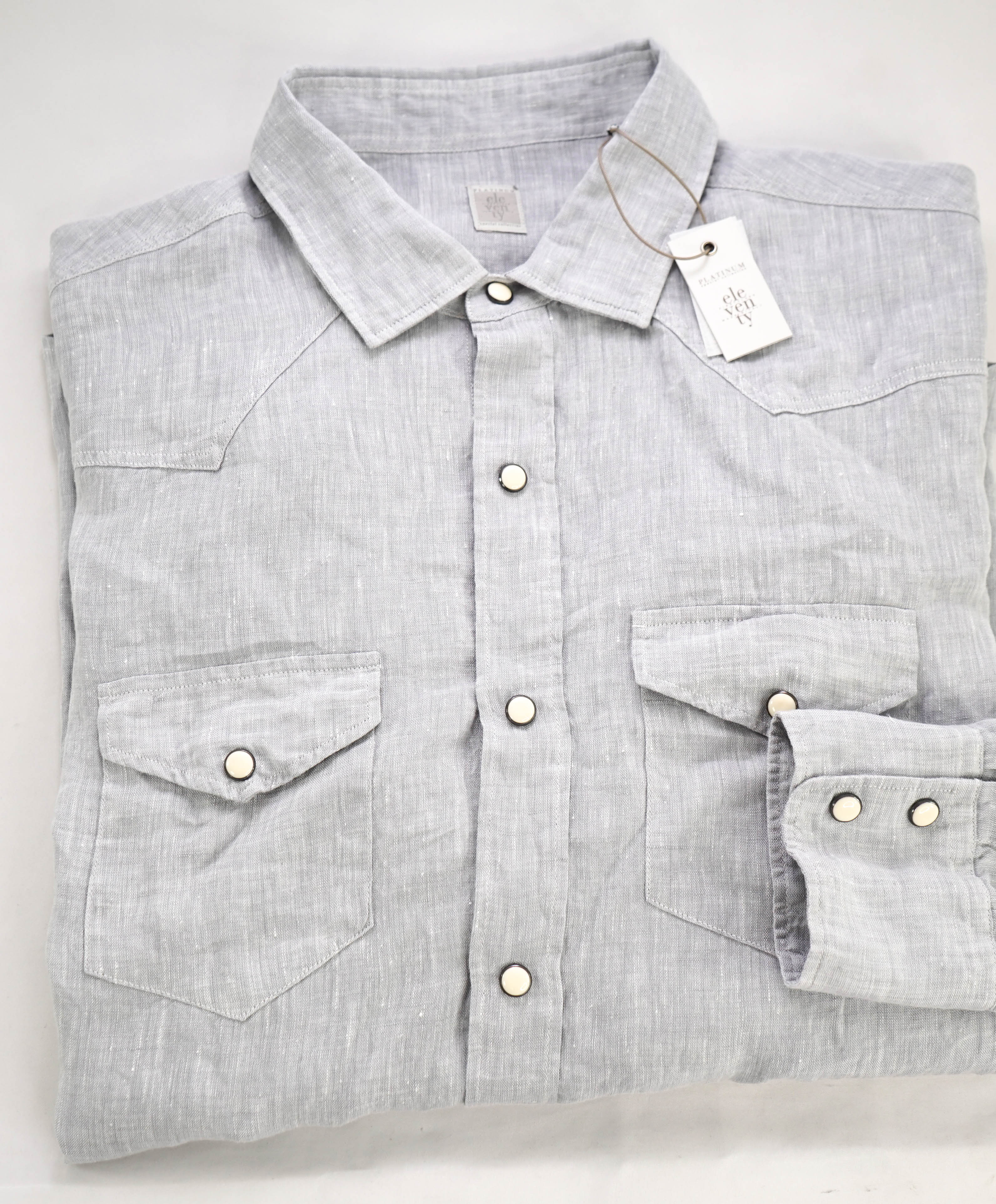 $495 ELEVENTY - *SNAP FRONT* Pure LINEN Gray Dress Shirt - 2XL (43)