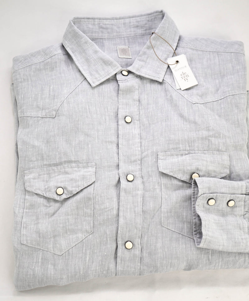 $495 ELEVENTY - *SNAP FRONT* Pure LINEN Gray Dress Shirt - M