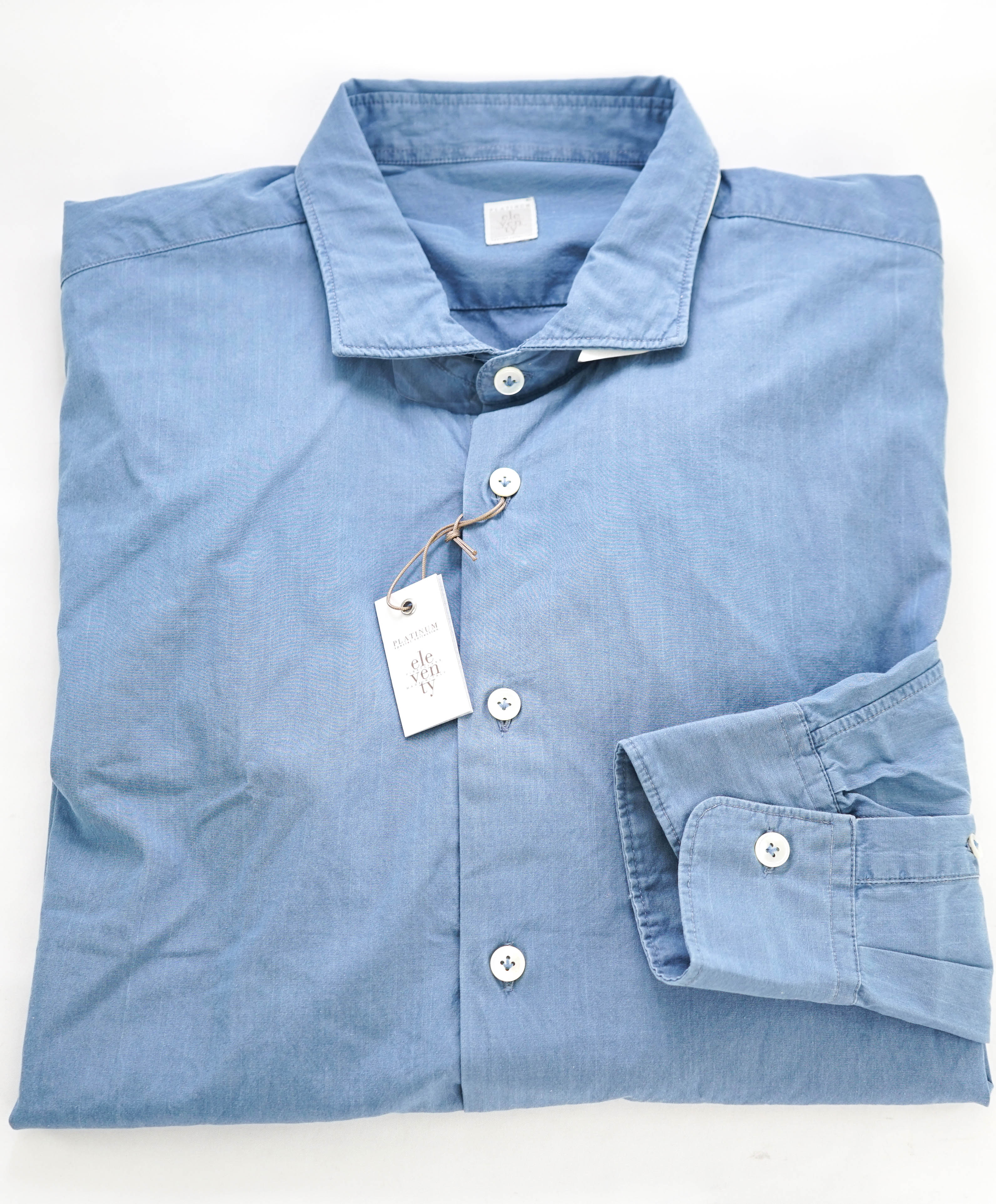 ELEVENTY - Pure Cotton Blue Wash Chambray Button Down Shirt - 3XL