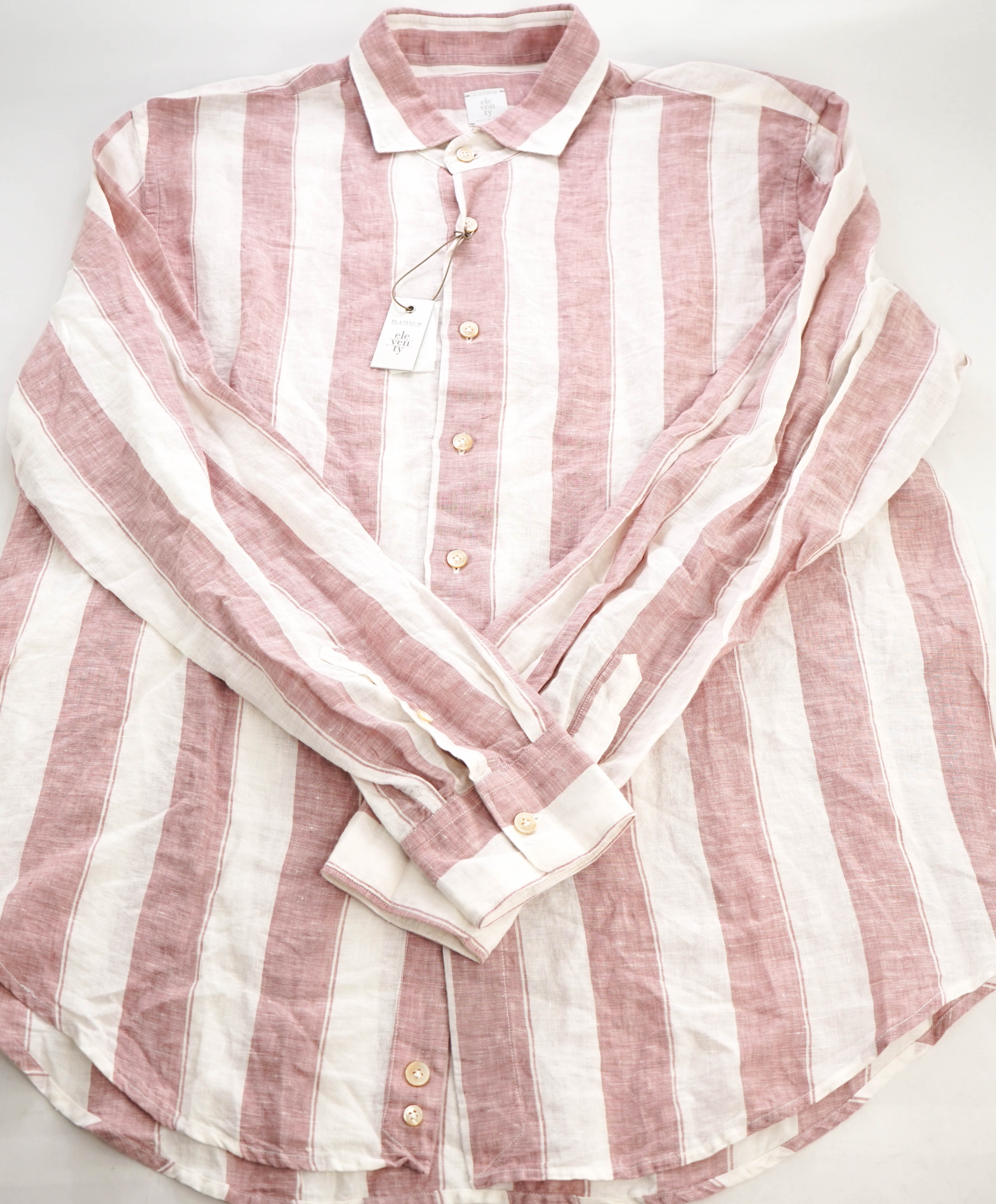 $395 ELEVENTY - Red/Pink White LINEN Broad Stripe Button Front Shirt - XXL