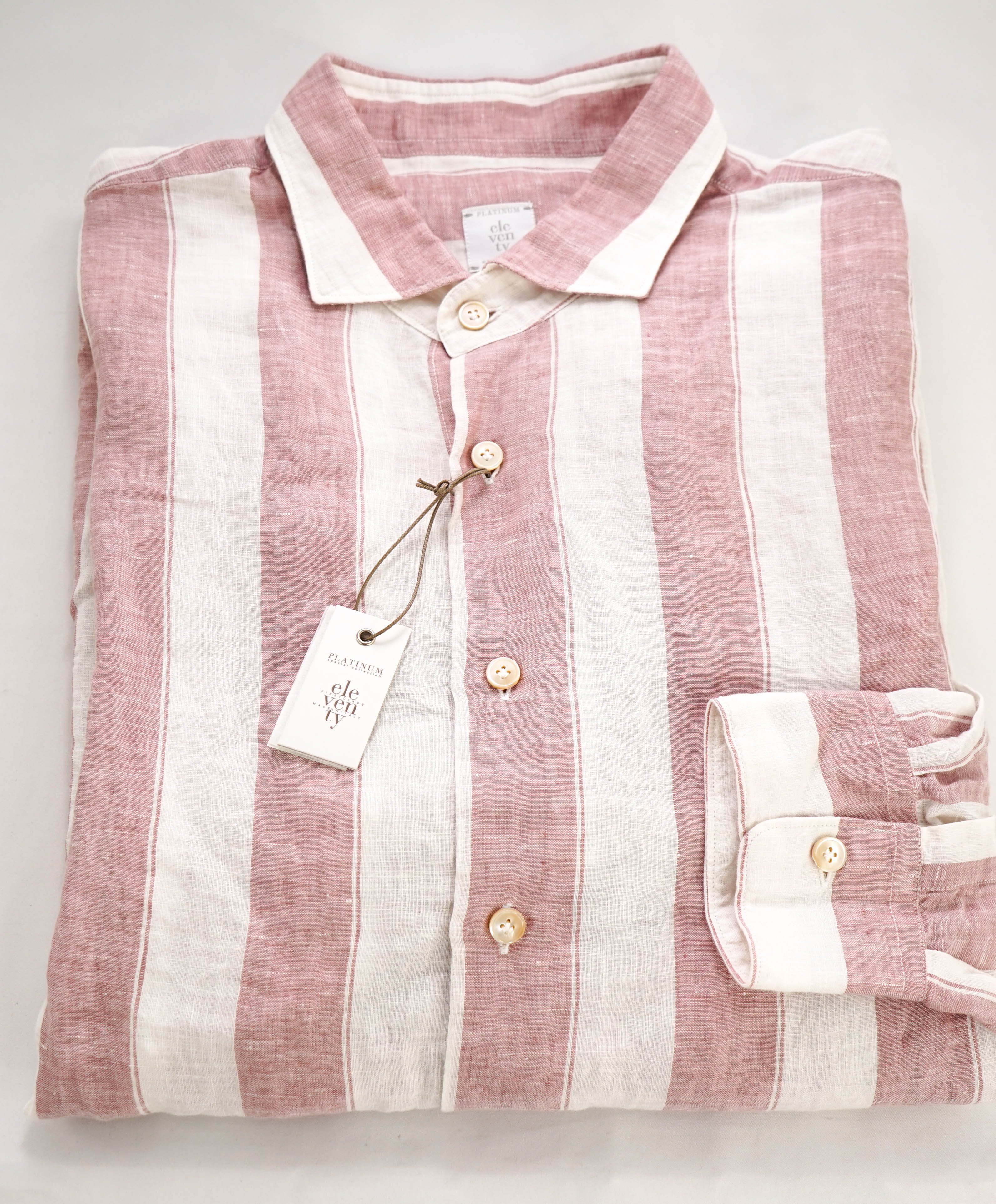 $395 ELEVENTY - Red/Pink White LINEN Broad Stripe Button Front Shirt - XL