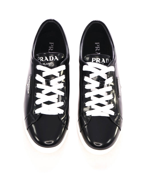 $1,150 PRADA -  Black/White Leather Sneakers With Logo Detail - 12 US (42 IT) (WOMEN)