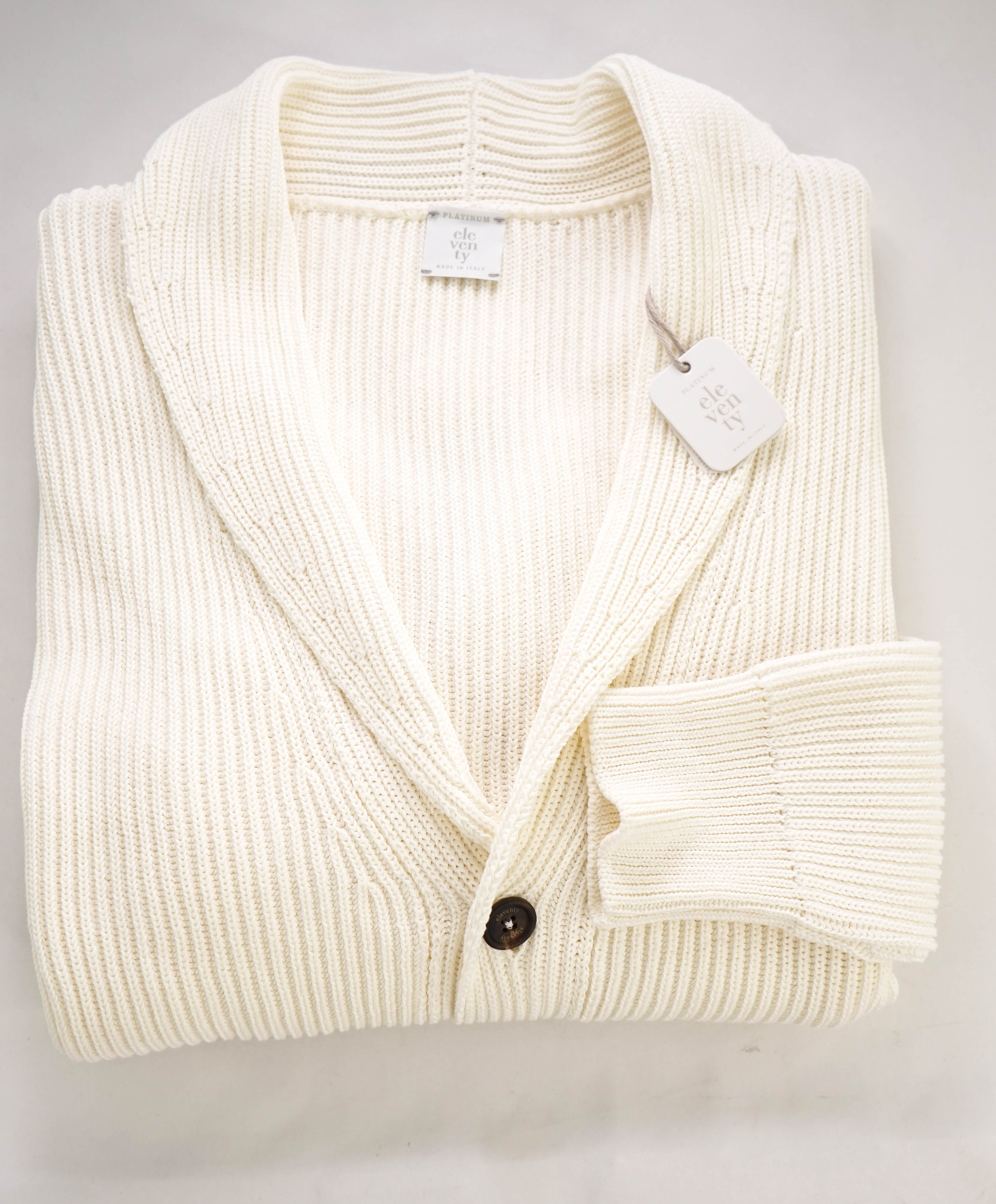 $1,045 ELEVENTY - Ivory Cotton Shawl Collar Cardigan Ribbed Sweater - M