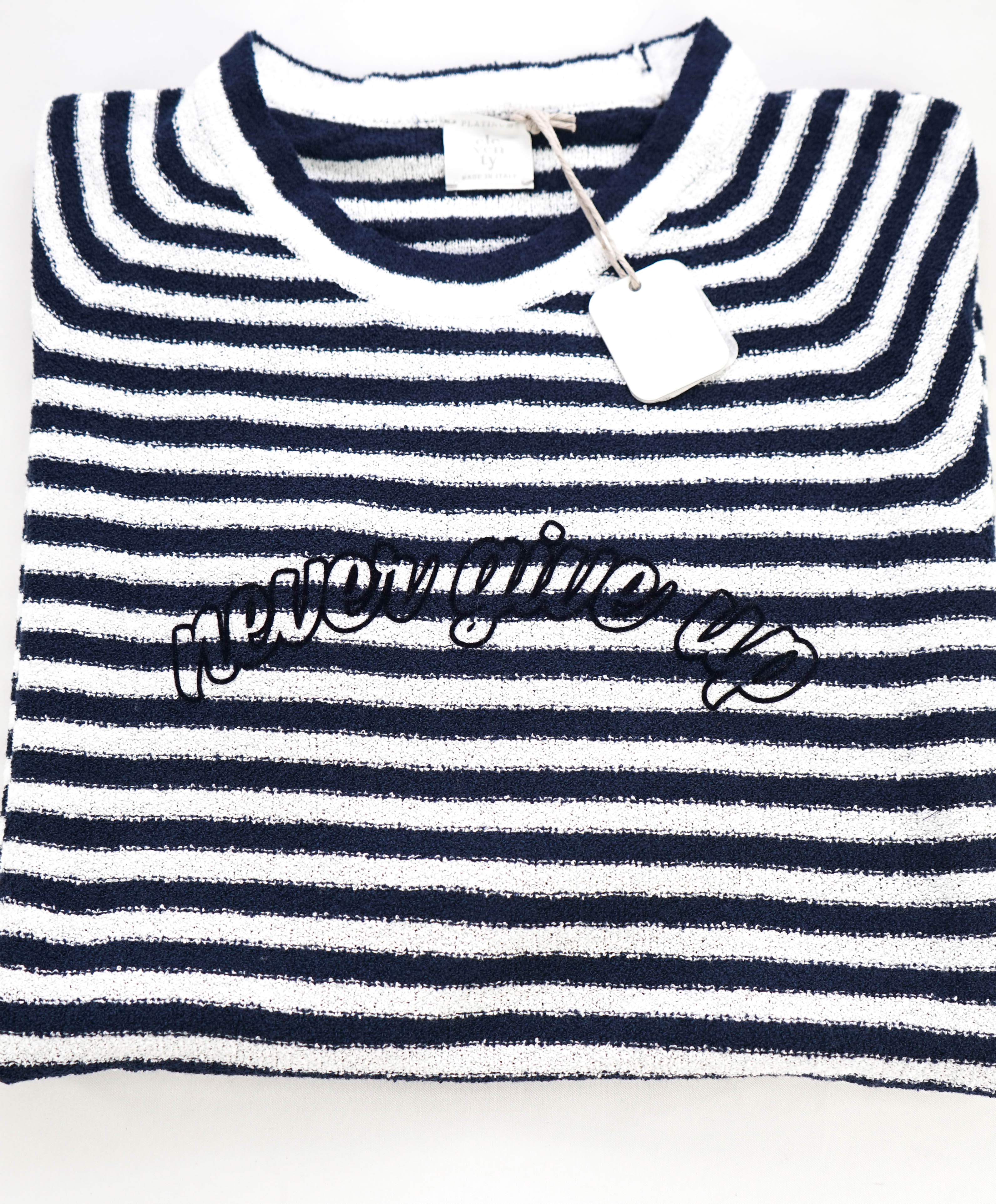 $645 ELEVENTY - Navy/Ivory Polo T-Shirt Nautical Stripe - M