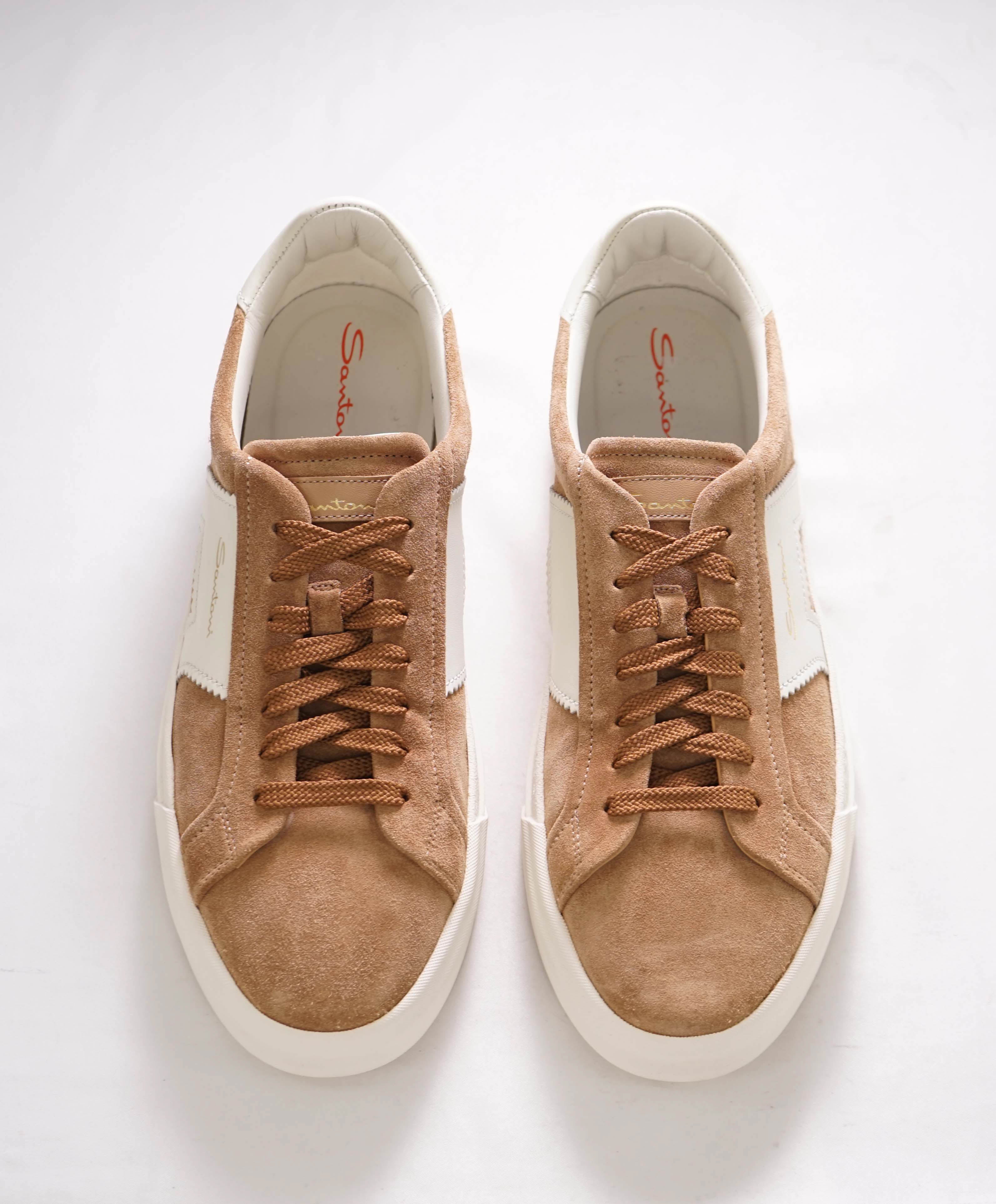 $795 SANTONI - Neutral Suede Double Buckle Full Leather Sneakers - 10 US (9 IT)