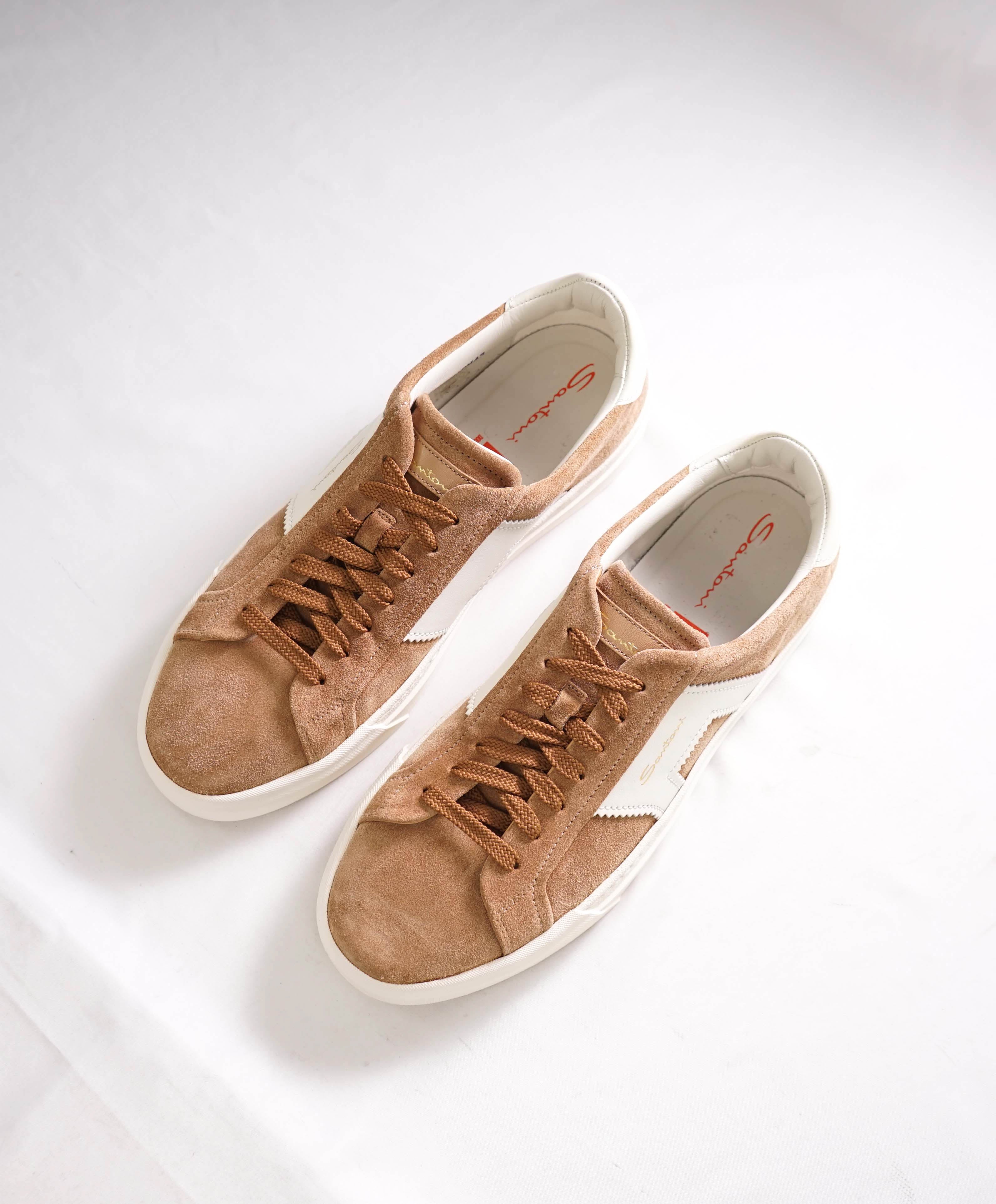 $795 SANTONI - Neutral Suede Double Buckle Full Leather Sneakers - 10 US (9 IT)