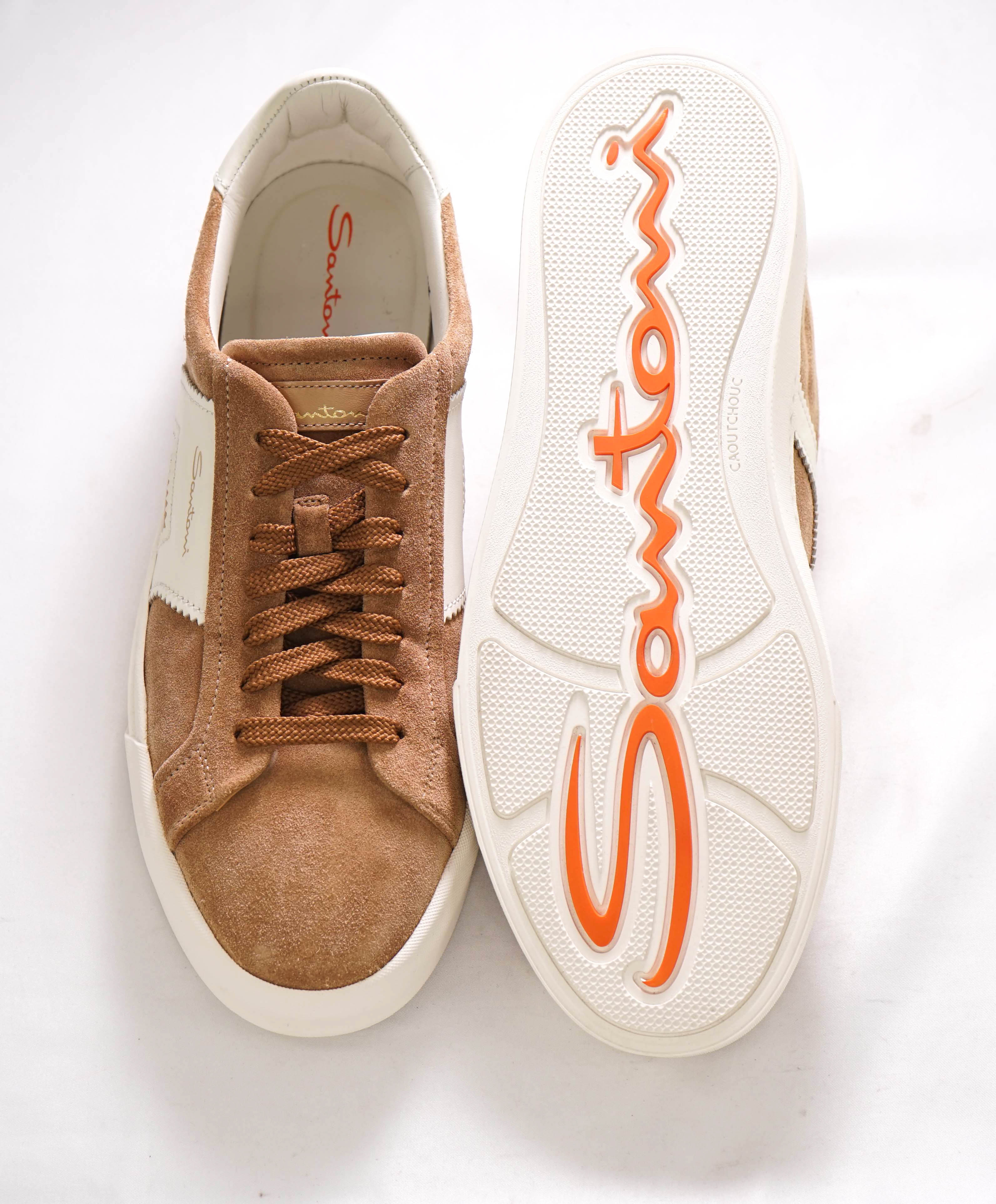 $795 SANTONI - Neutral Suede Double Buckle Full Leather Sneakers - 10 US (9 IT)