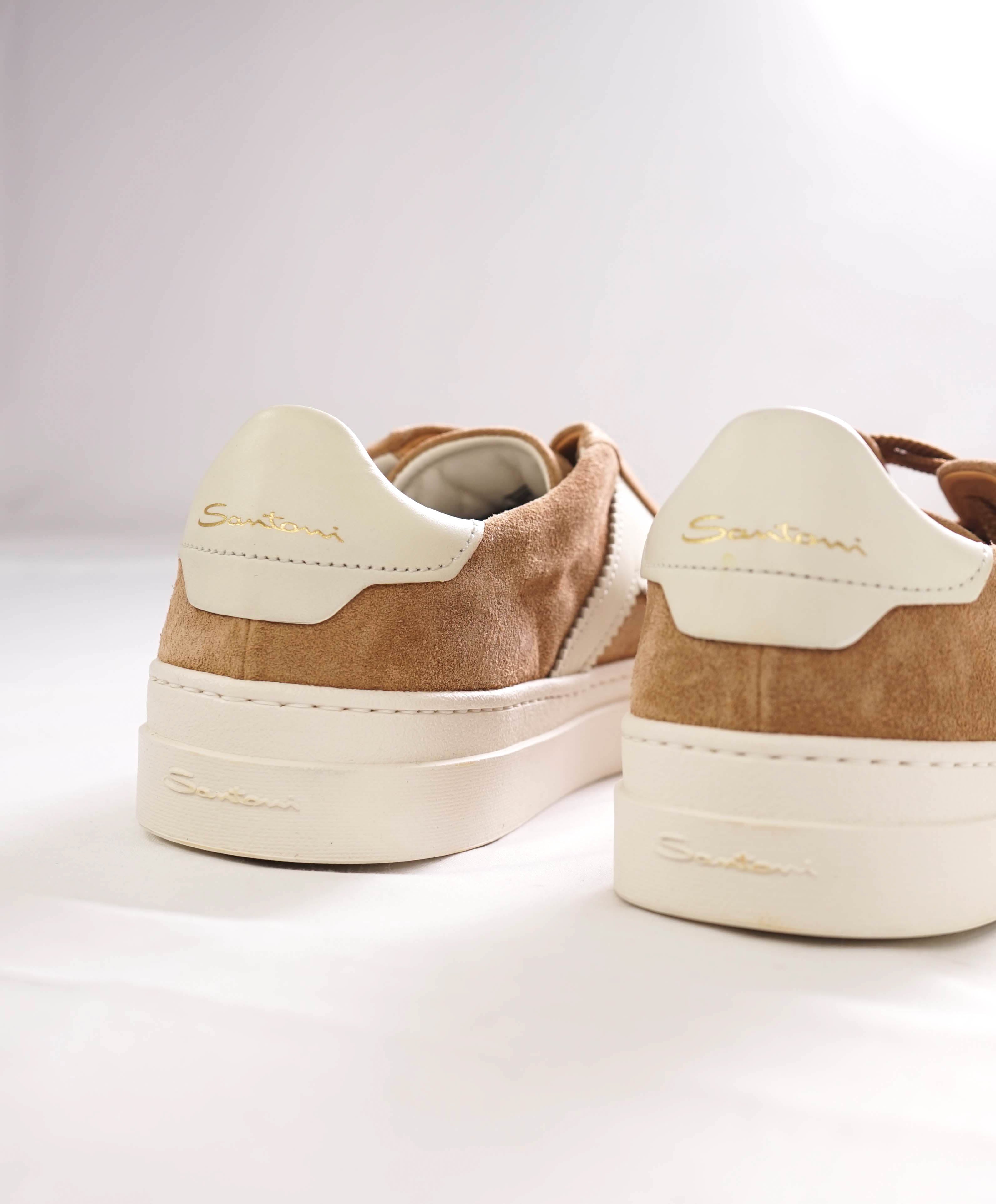 $795 SANTONI - Neutral Suede Double Buckle Full Leather Sneakers - 10 US (9 IT)