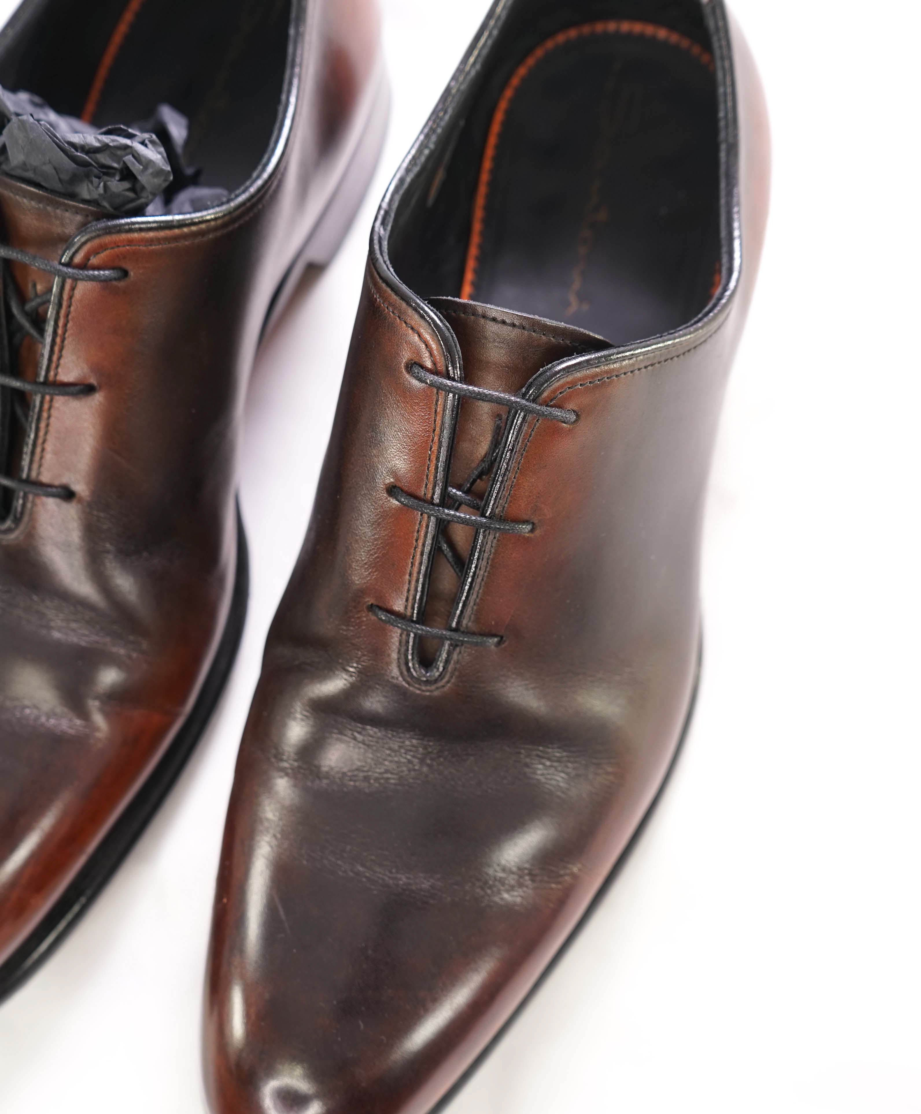 SANTONI - "Calvin" Fatte A Mano Wholecut Brown/Burgundy Patina Oxfords - 9 US (8 IT)