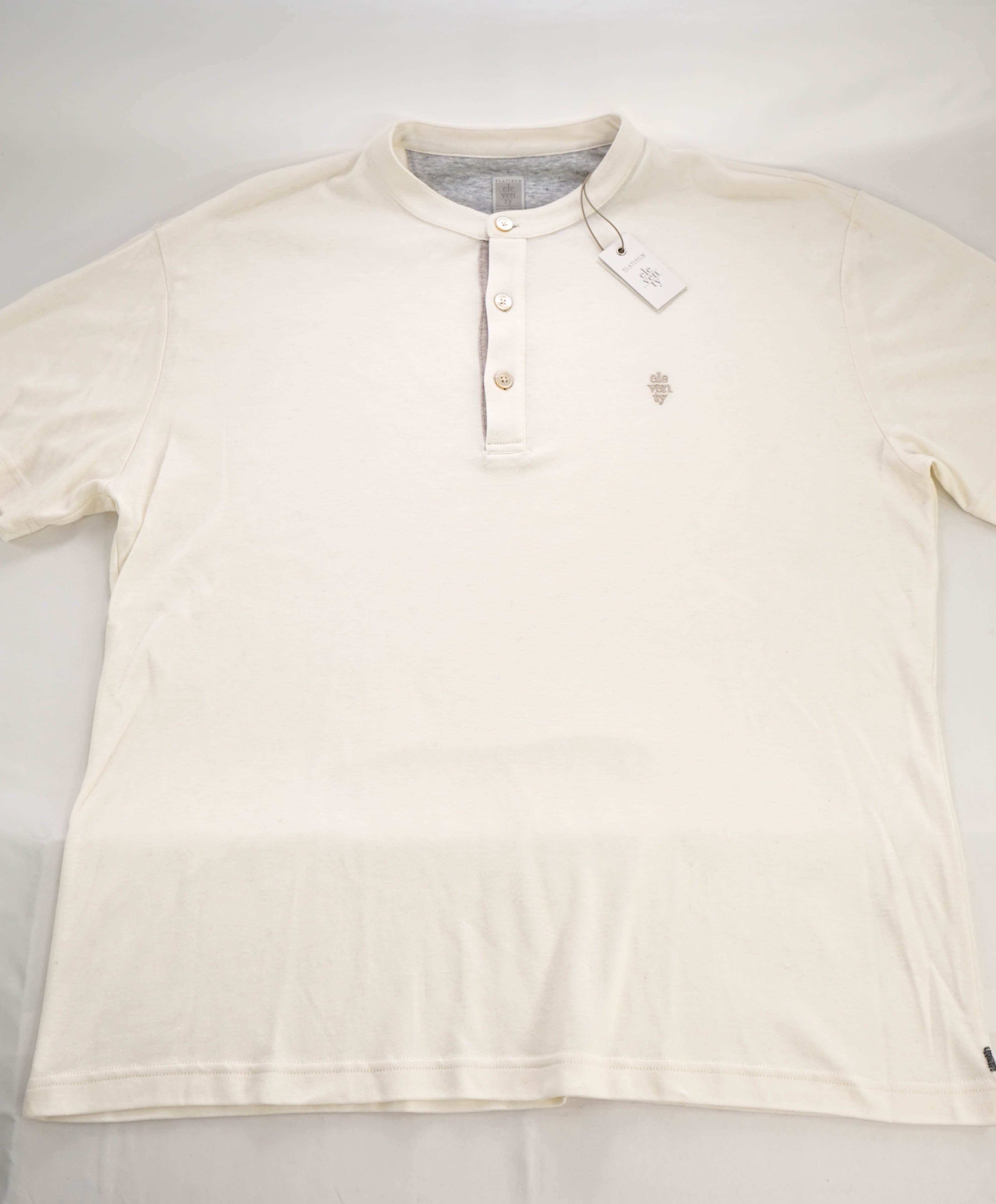 $395 ELEVENTY - Logo COTTON/LINEN Henley T-Shirt Ivory - L