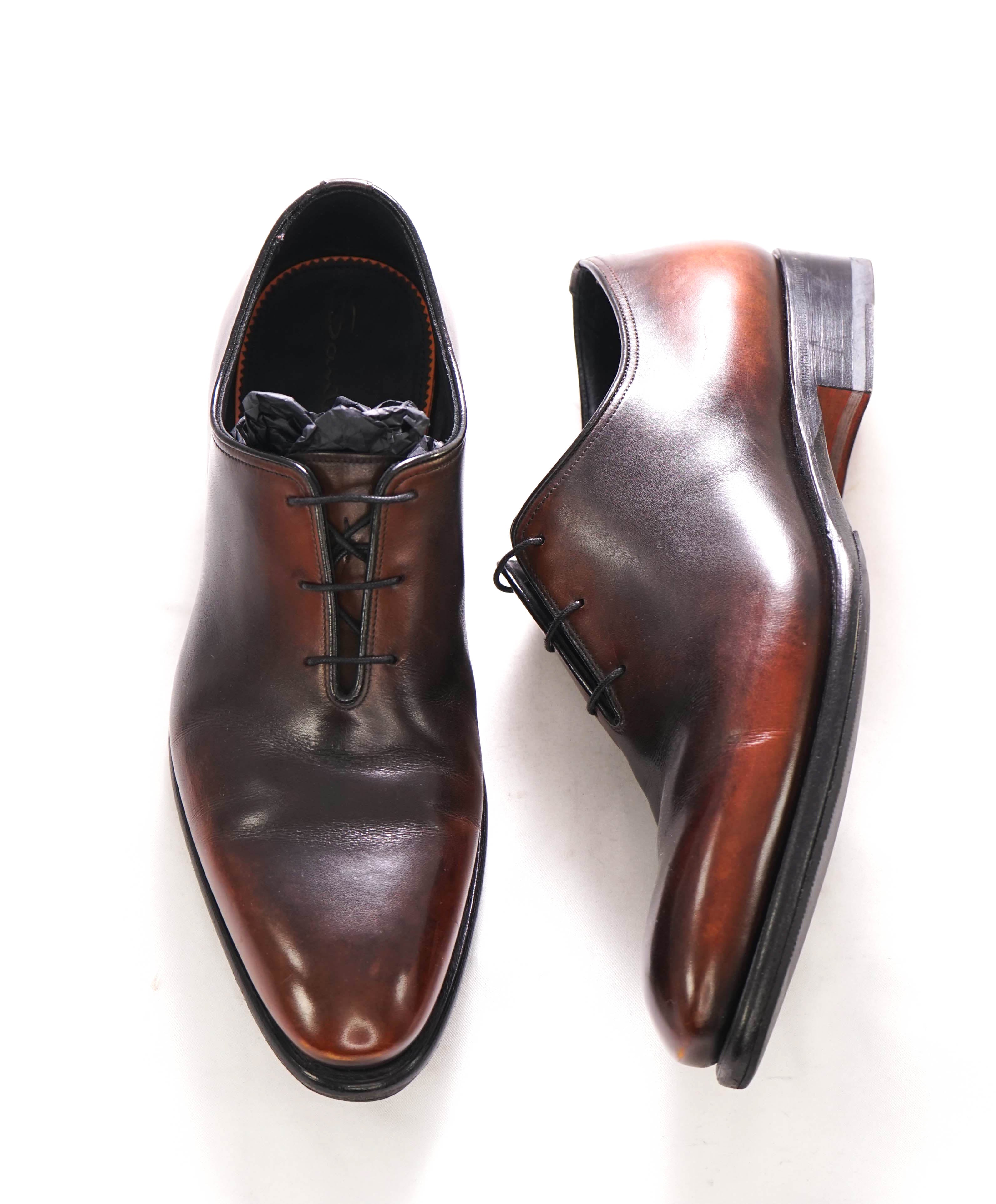 SANTONI - "Calvin" Fatte A Mano Wholecut Brown/Burgundy Patina Oxfords - 9 US (8 IT)