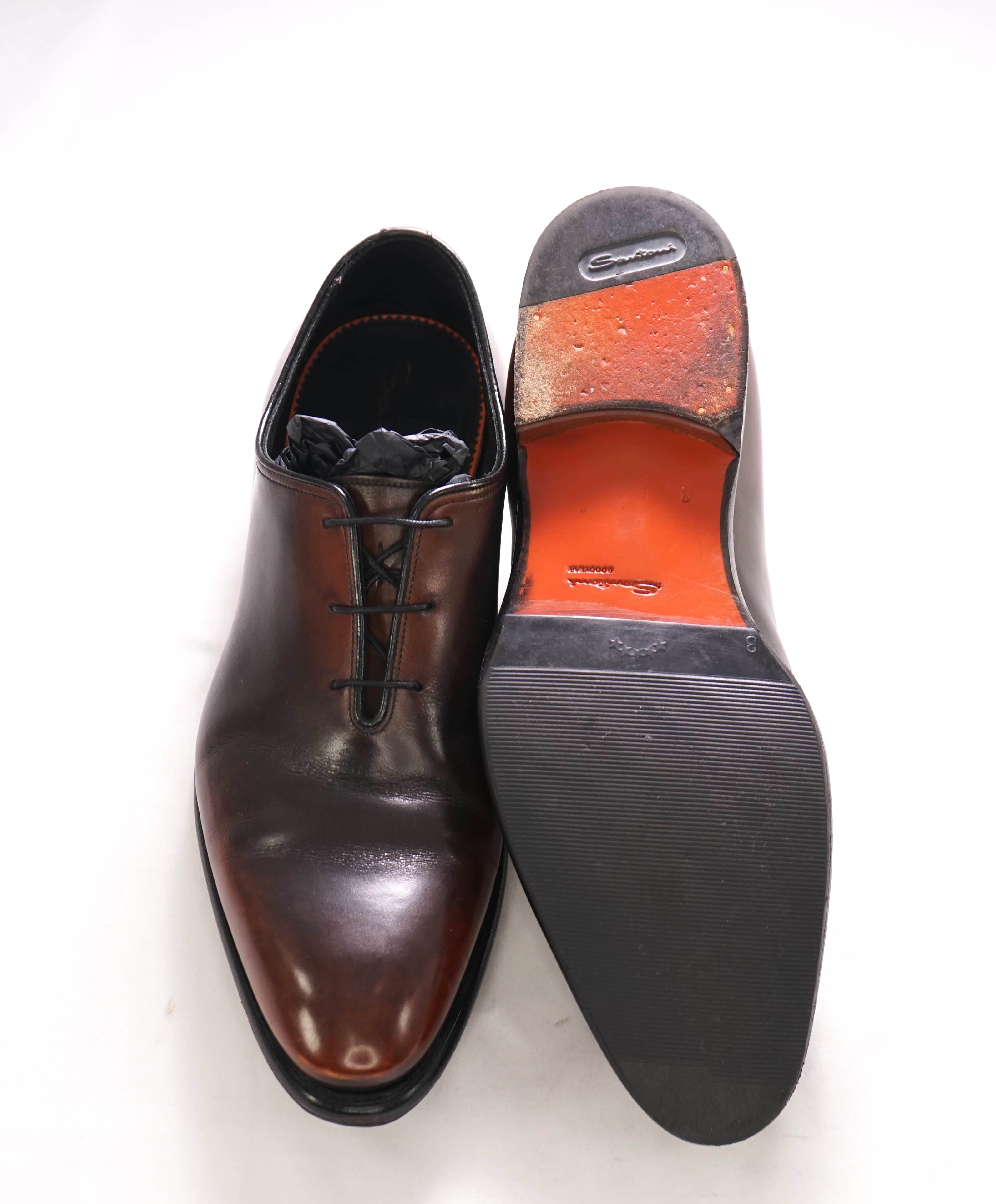 SANTONI - "Calvin" Fatte A Mano Wholecut Brown/Burgundy Patina Oxfords - 9 US (8 IT)