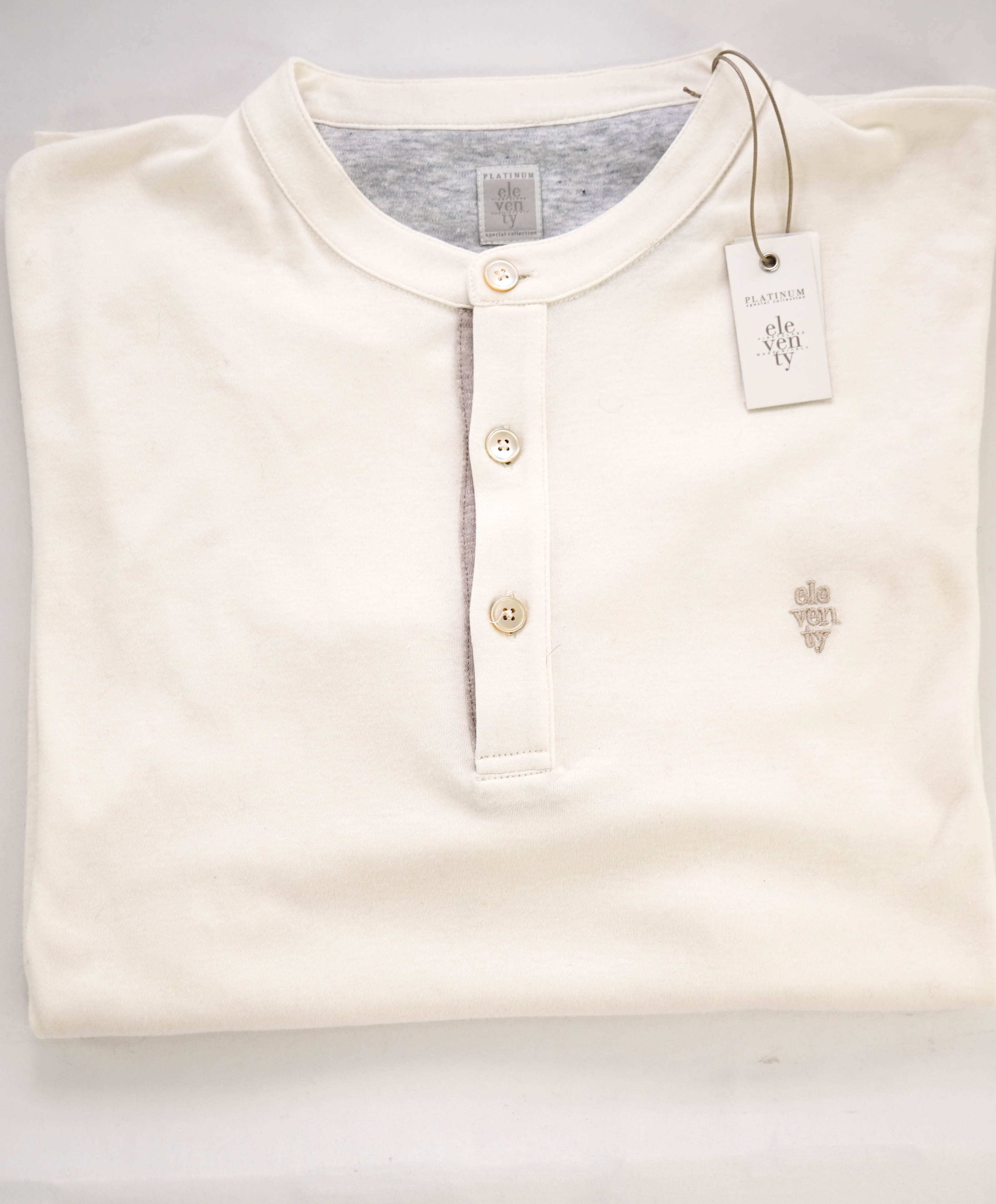 $395 ELEVENTY - Logo COTTON/LINEN Henley T-Shirt Ivory - XL