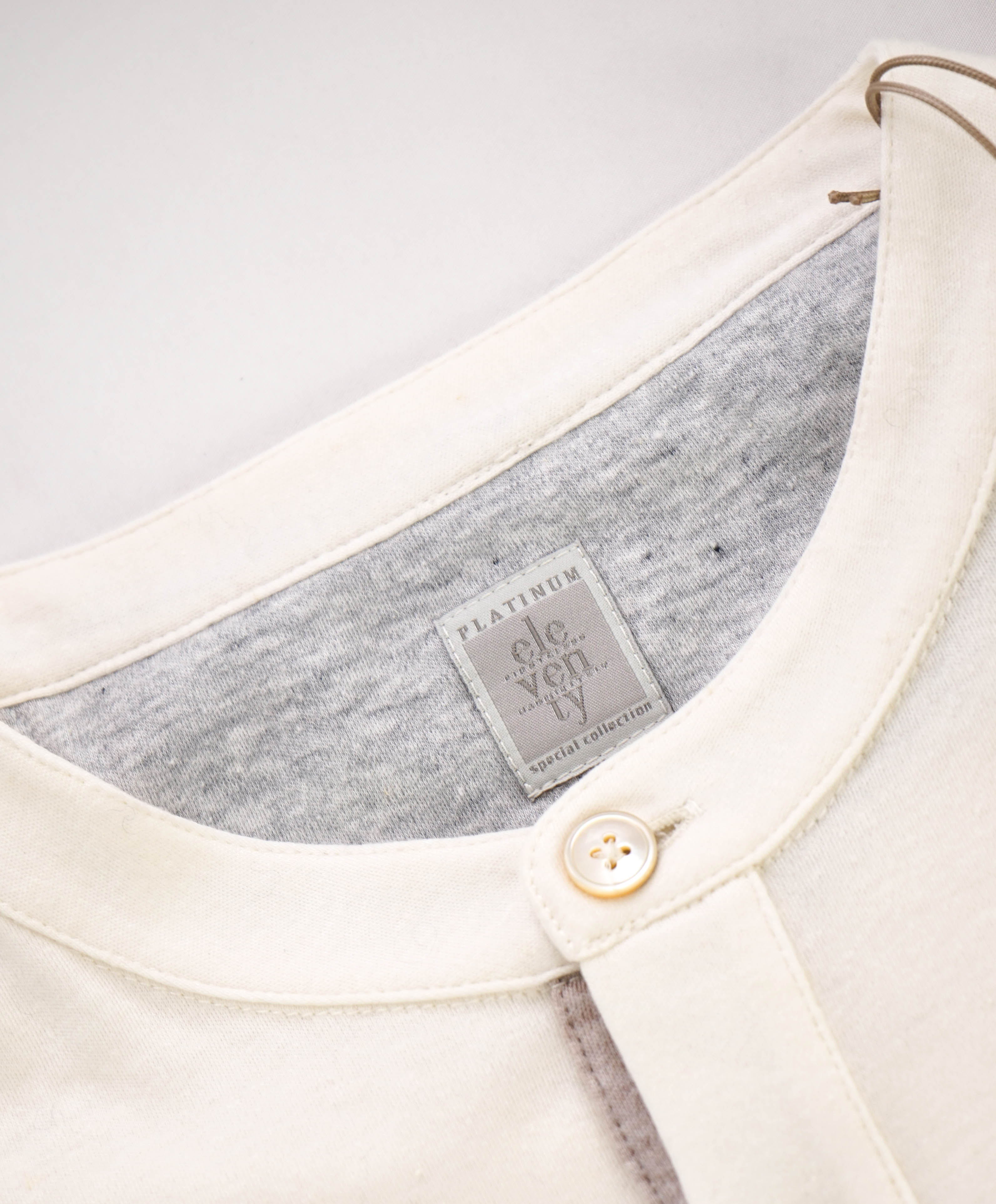 $395 ELEVENTY - Logo COTTON/LINEN Henley T-Shirt Ivory - M