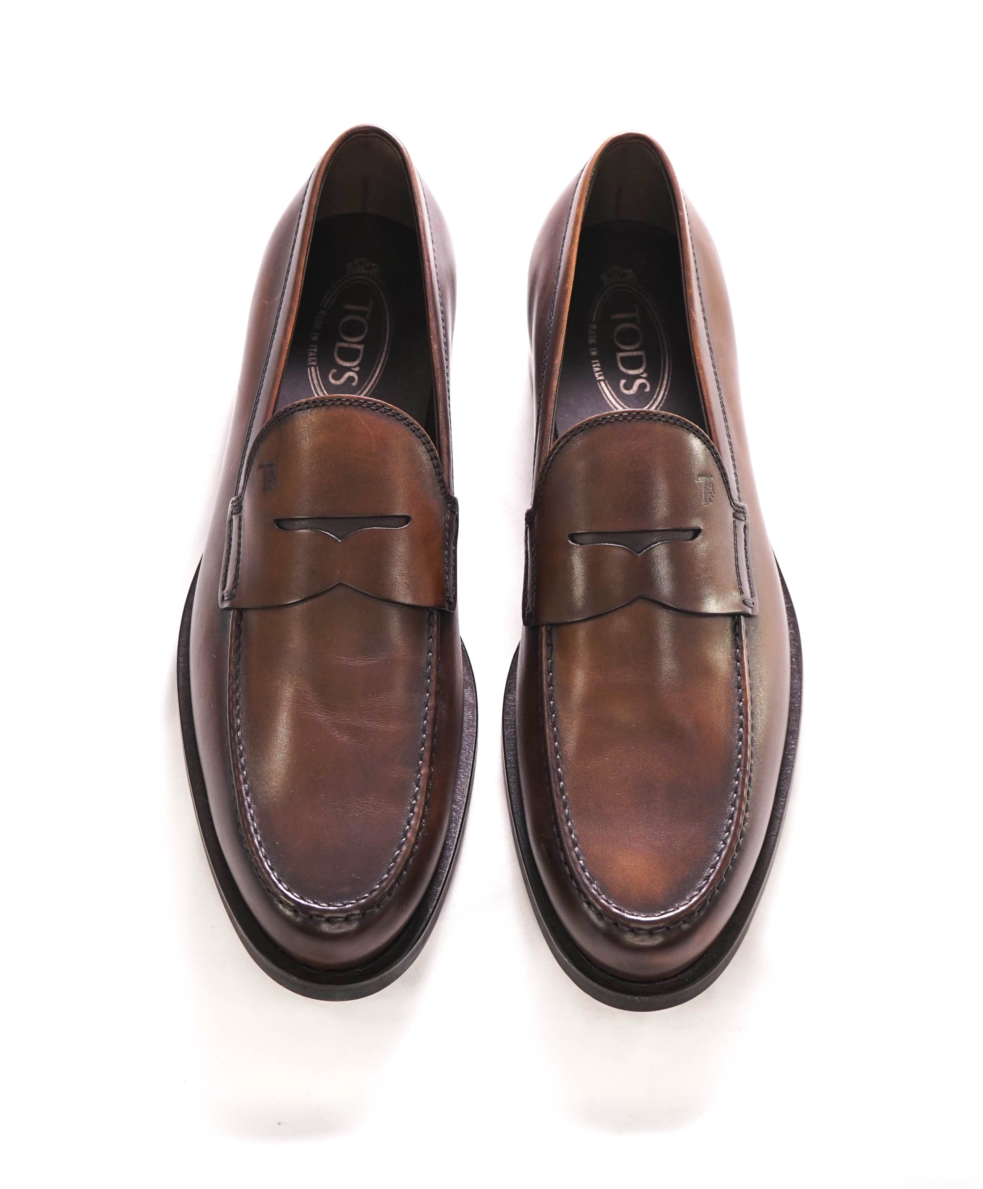 TOD’S - “Boston” Brown Patina Logo Embossed Vamp Penny Loafers - 11 US (10 IT)