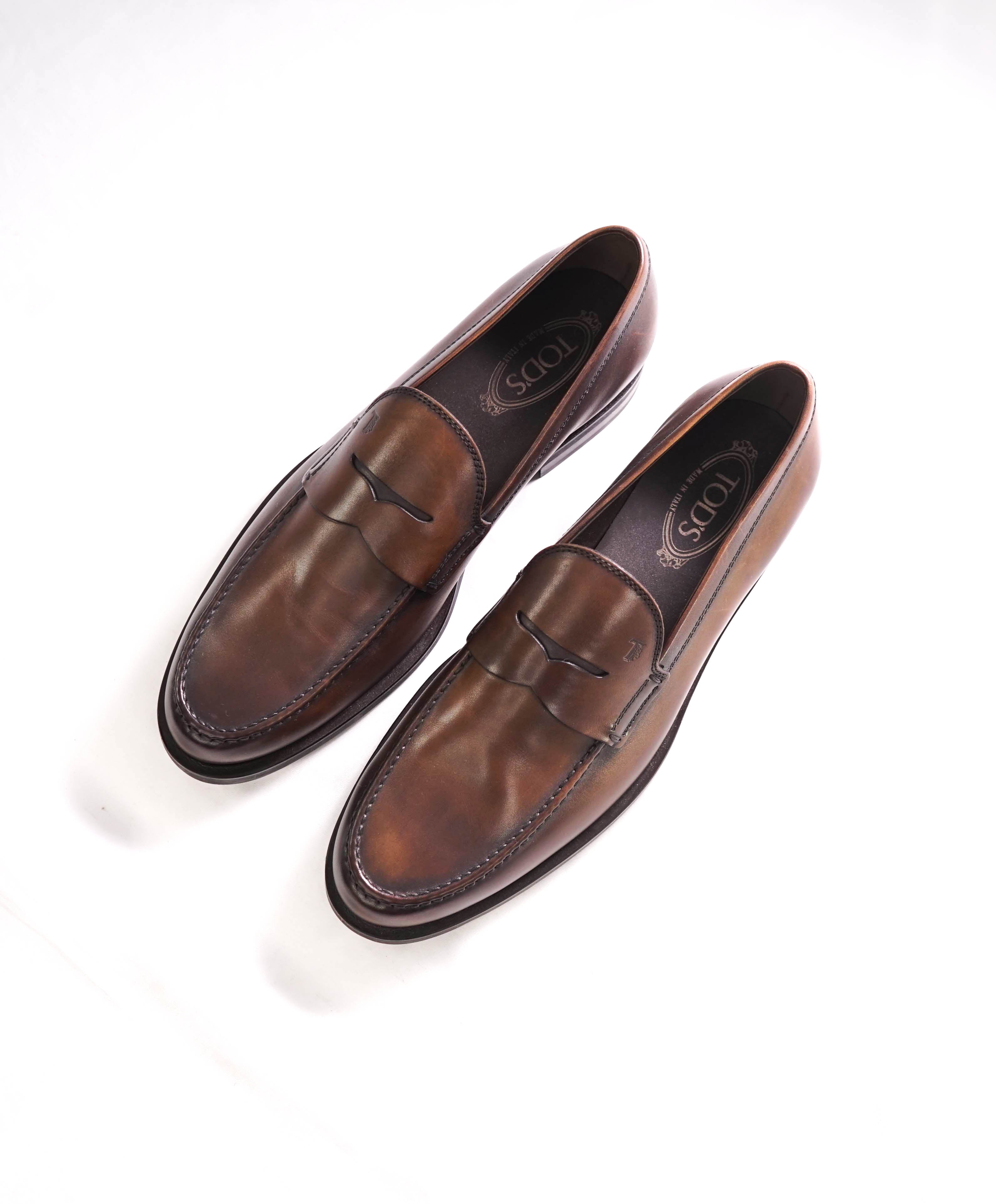 TOD’S - “Boston” Brown Patina Logo Embossed Vamp Penny Loafers - 11 US (10 IT)