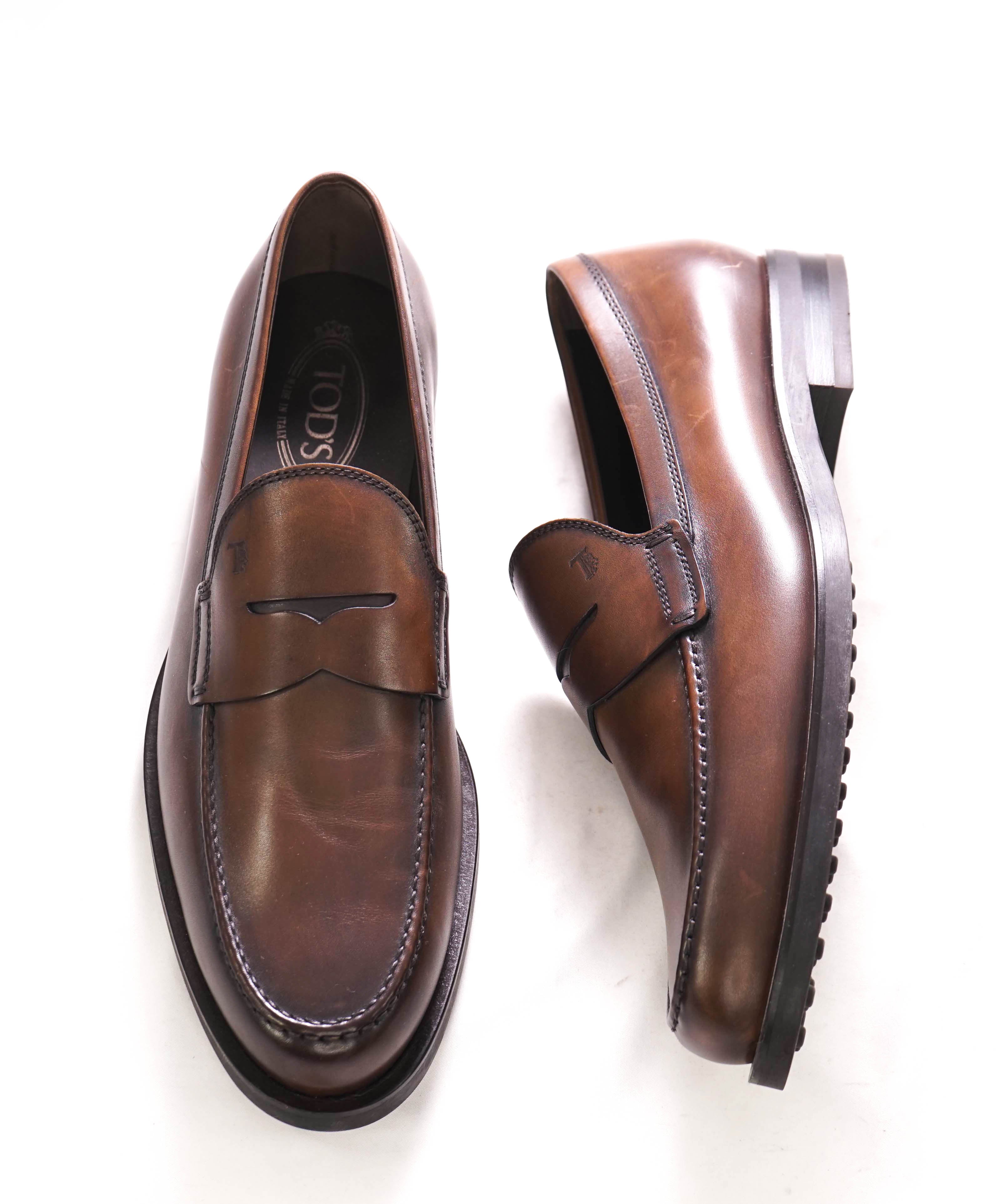 TOD’S - “Boston” Brown Patina Logo Embossed Vamp Penny Loafers - 11 US (10 IT)