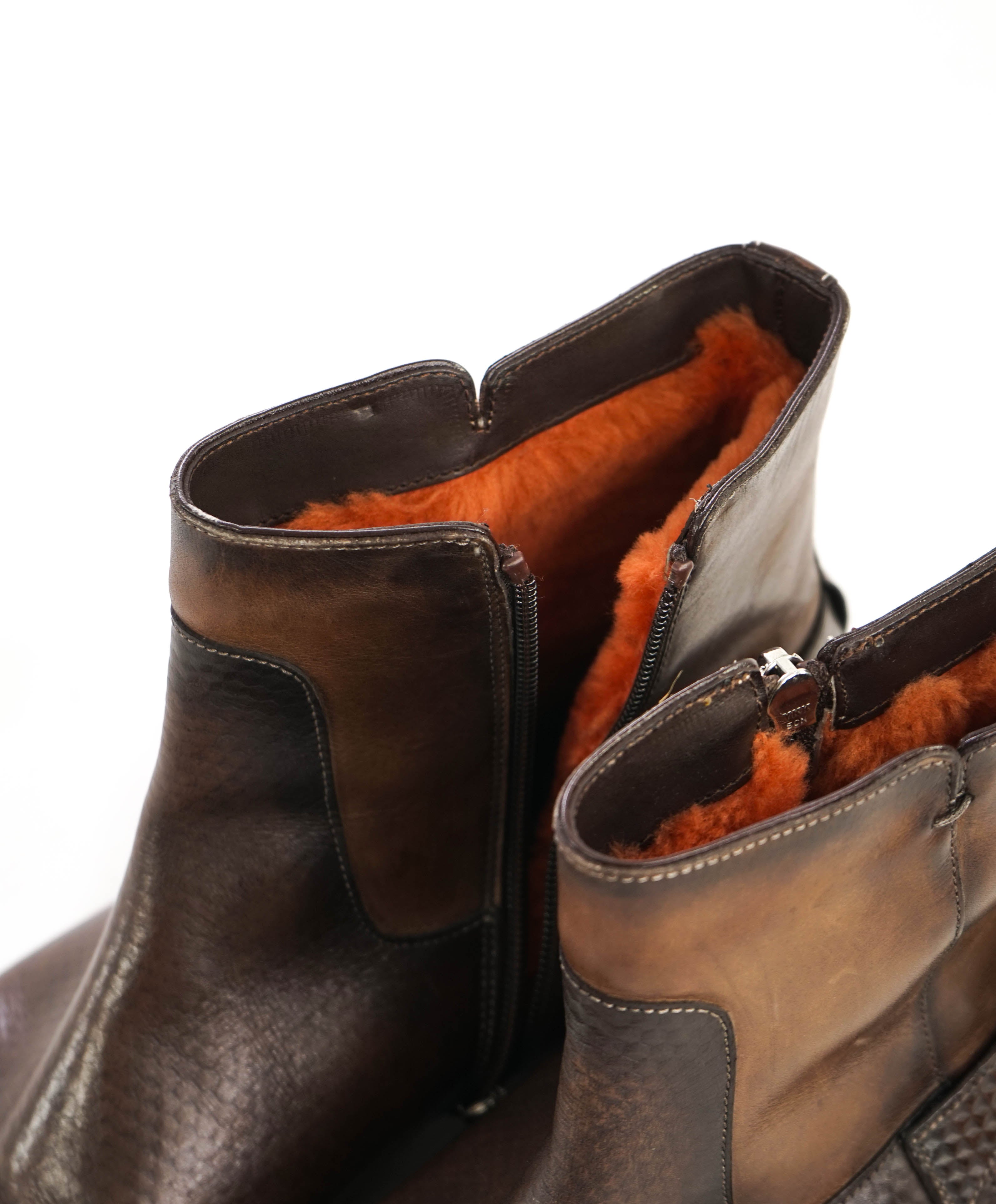 $1,650 SANTONI - “FATTE A MANO” Orange Fur Lined Boots - 9 (8)