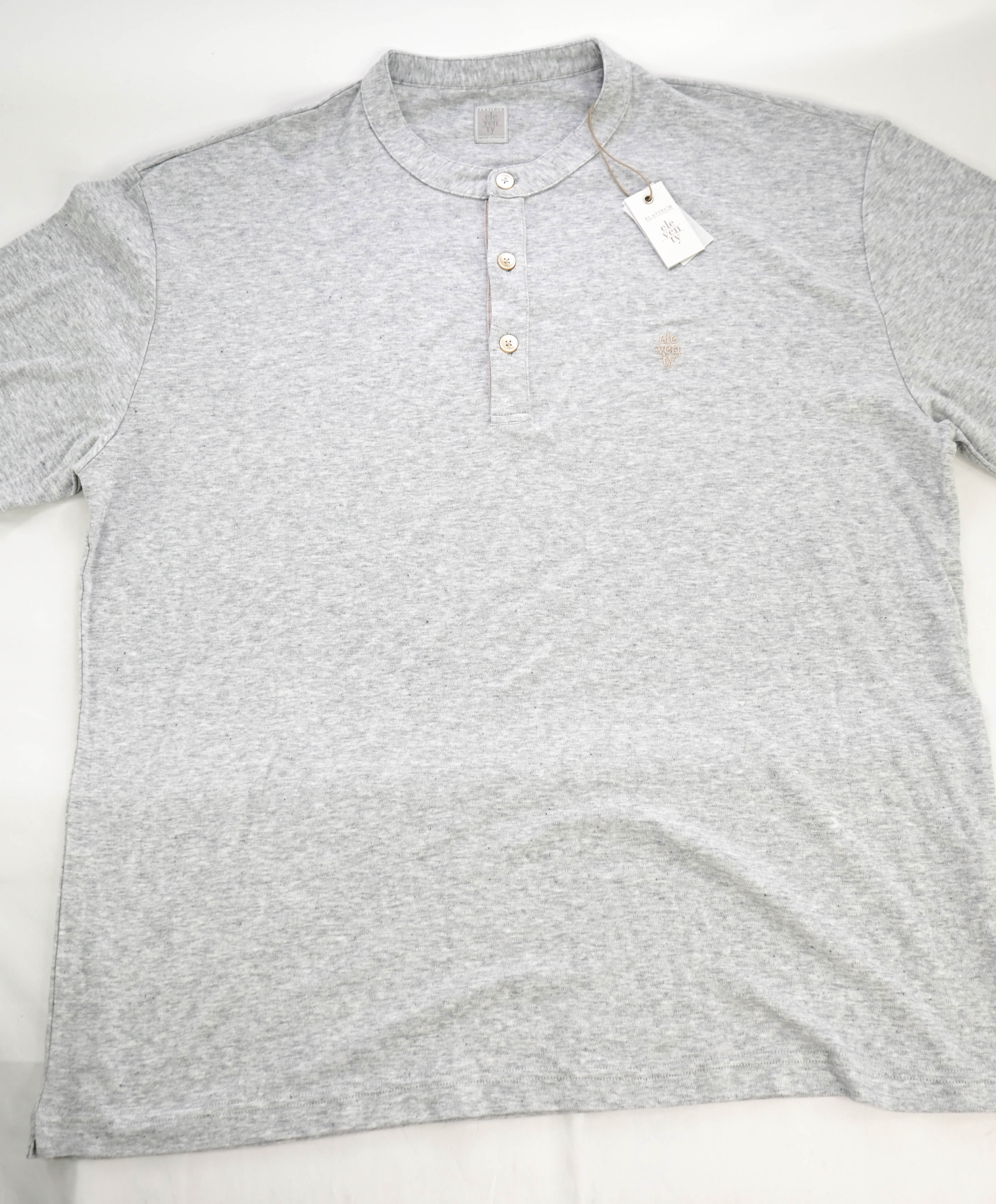 $395 ELEVENTY - Logo COTTON/LINEN Henley T-Shirt Gray - XL