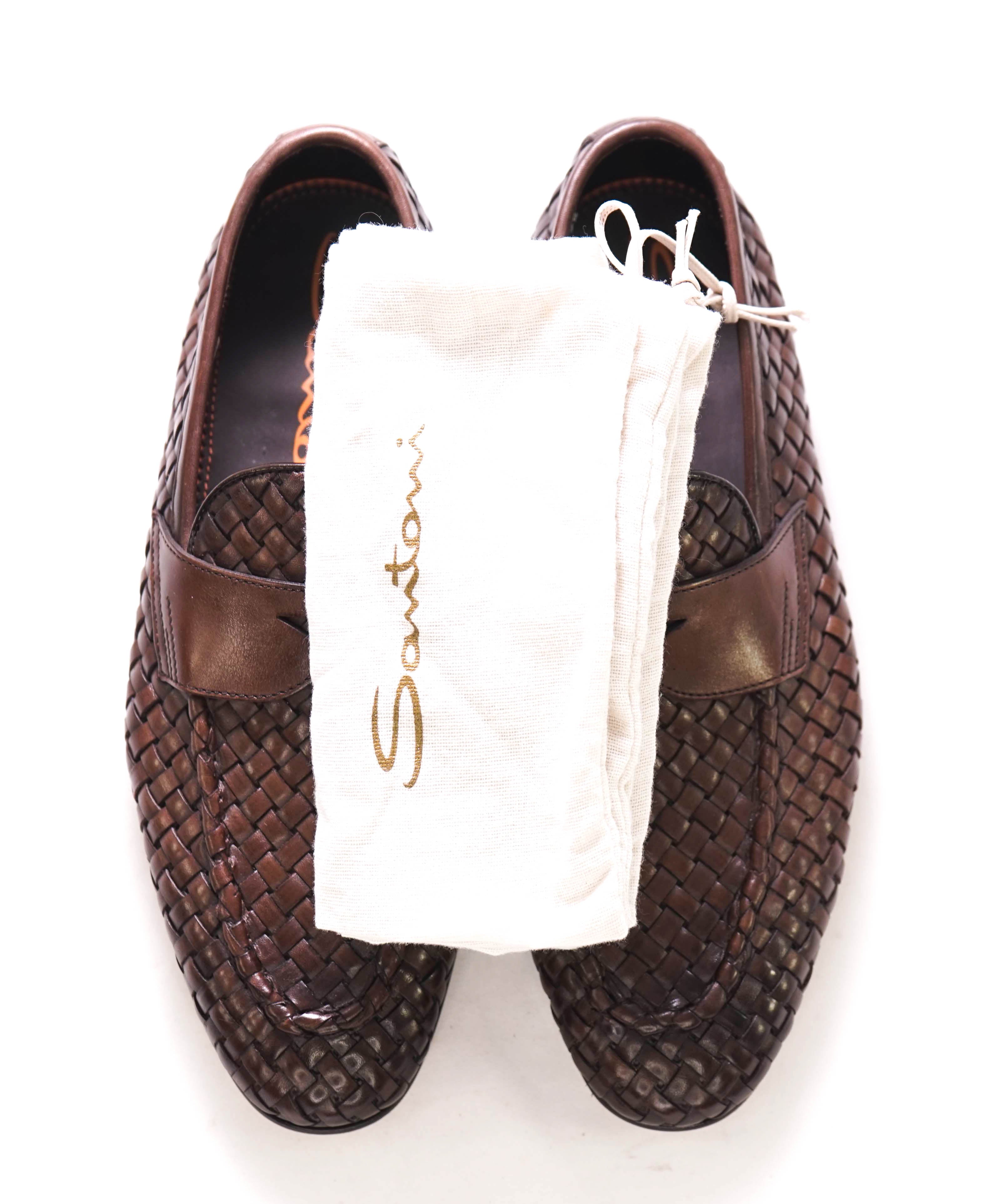 $1,080 SANTONI - Brown Hand Antiqued Woven Leather Penny Loafers- 8.5 US (7.5UK)