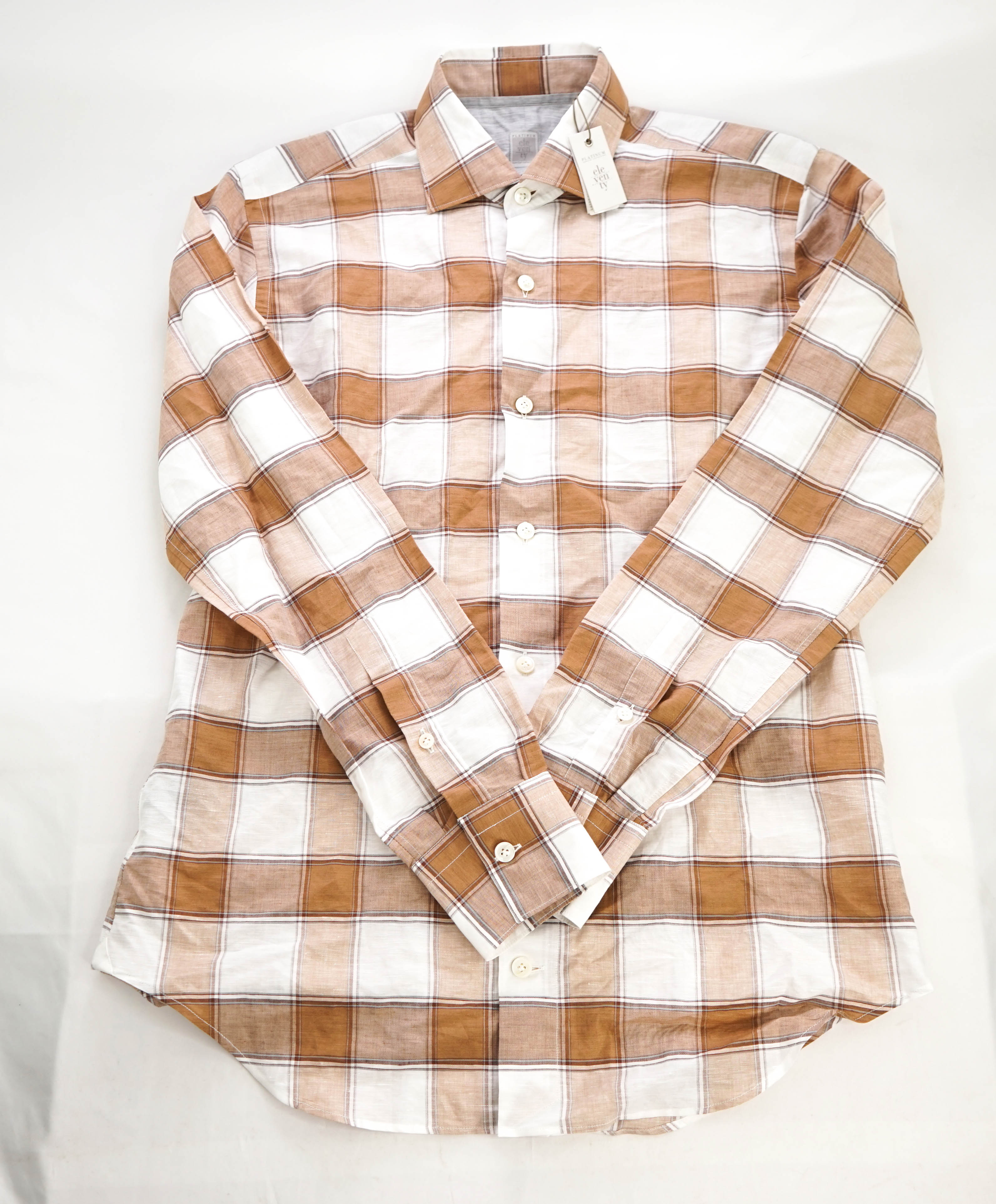 $495 ELEVENTY - *Linen/Cotton* Brown White Large Check Dress Shirt - M