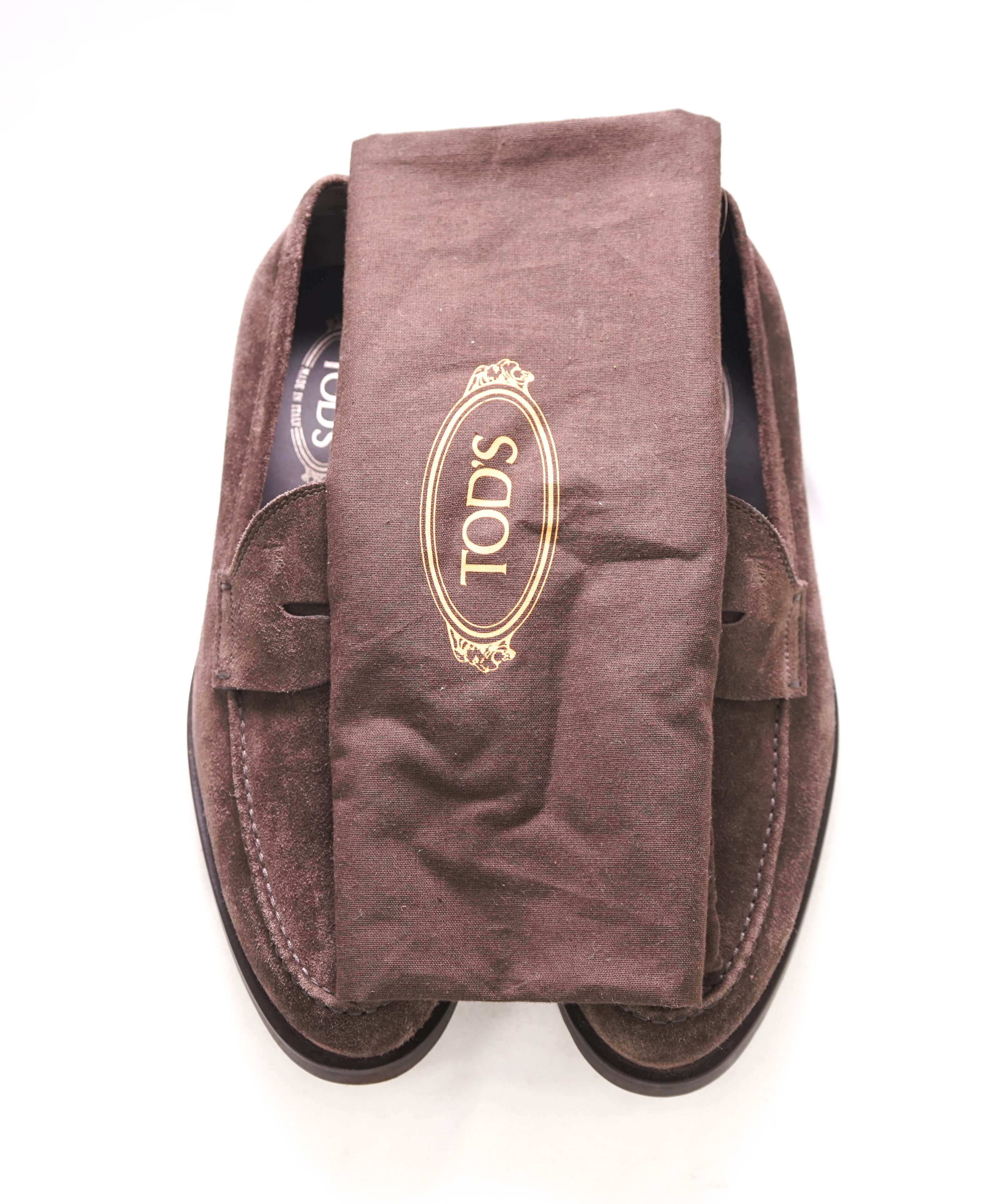 TOD’S - “Boston” Brown Suede Logo Embossed Vamp Penny Loafers - 11.5 US