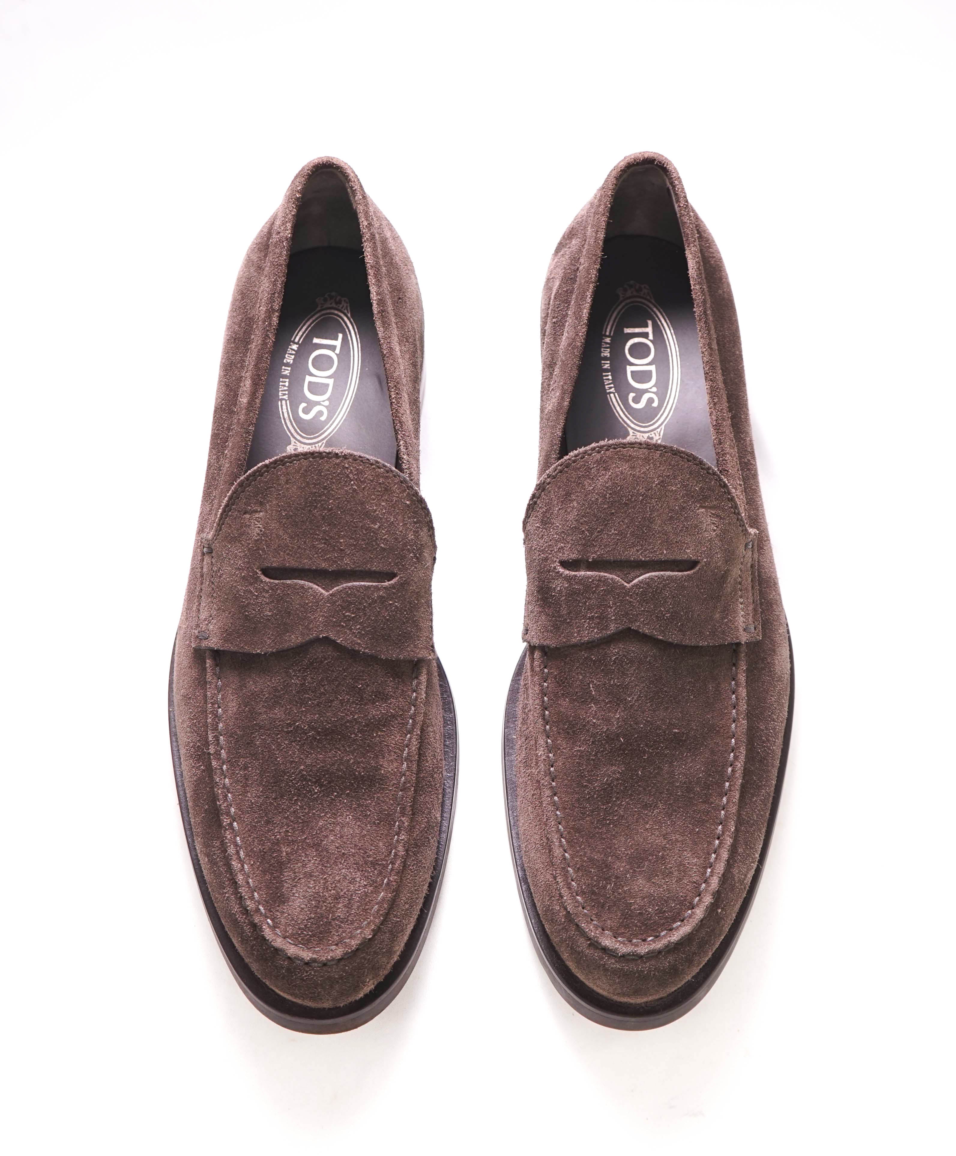 TOD’S - “Boston” Brown Suede Logo Embossed Vamp Penny Loafers - 11.5 US