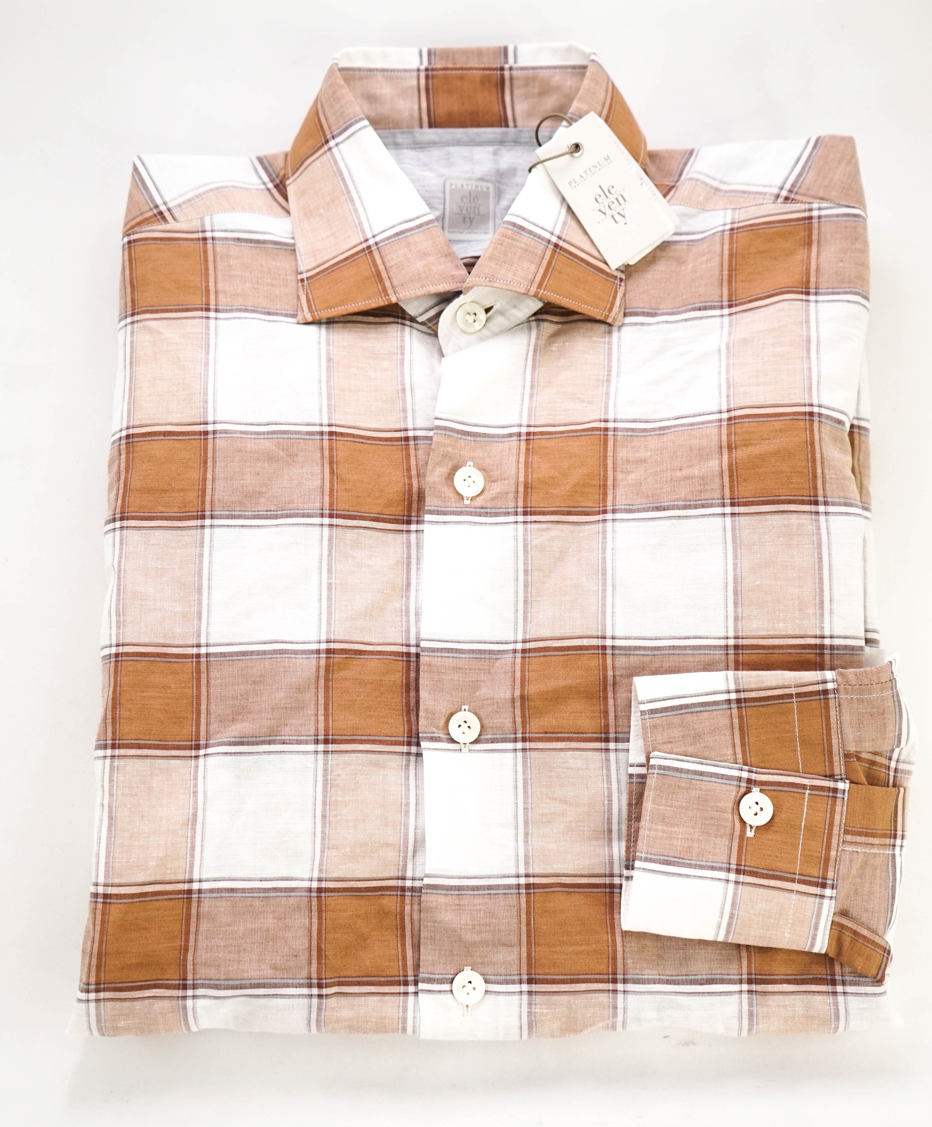 $495 ELEVENTY - *Linen/Cotton* Brown White Large Check Dress Shirt - M