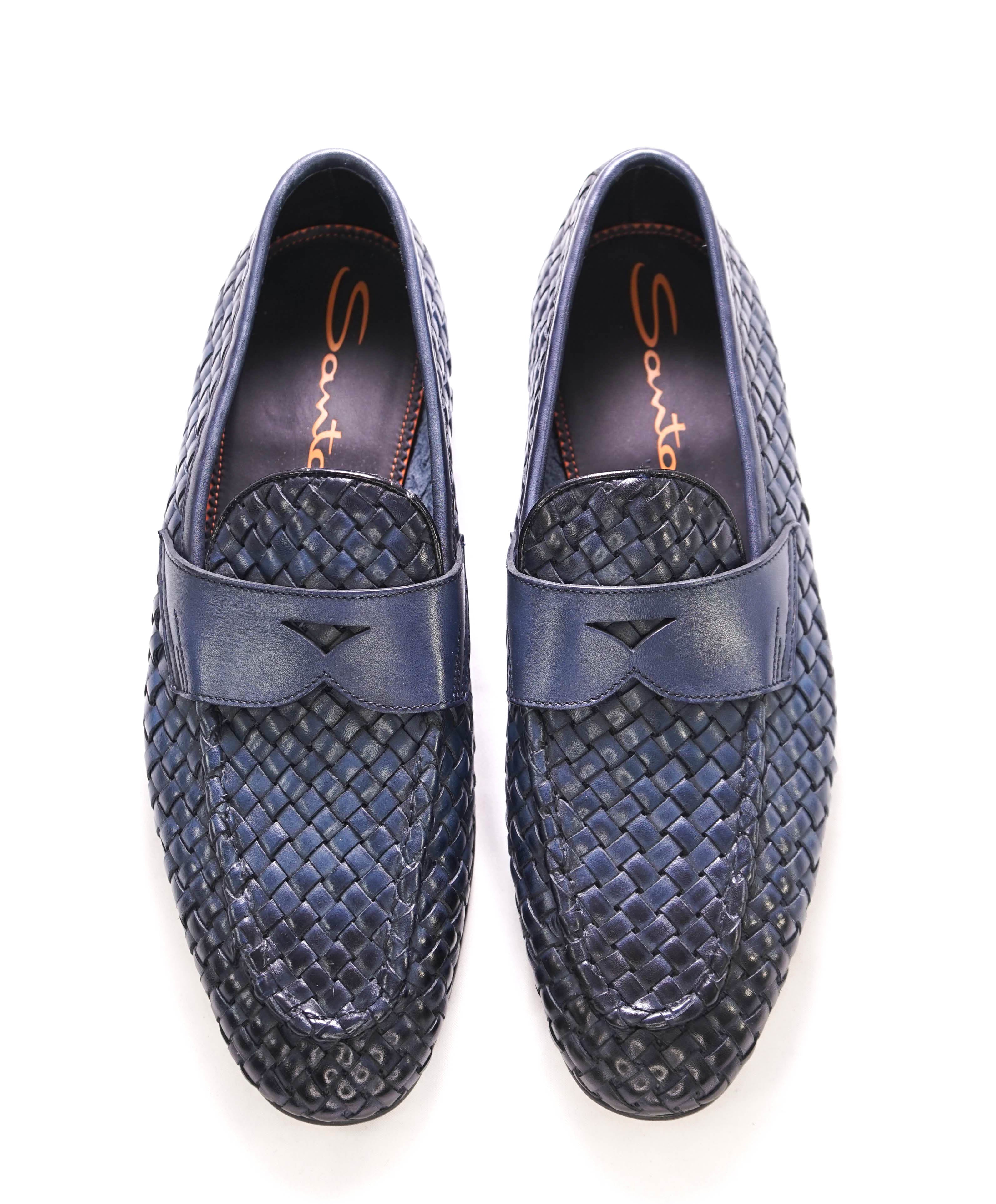 $1,080 SANTONI - Blue Hand Antiqued Woven Leather Penny Loafers- 9 US (8 UK)