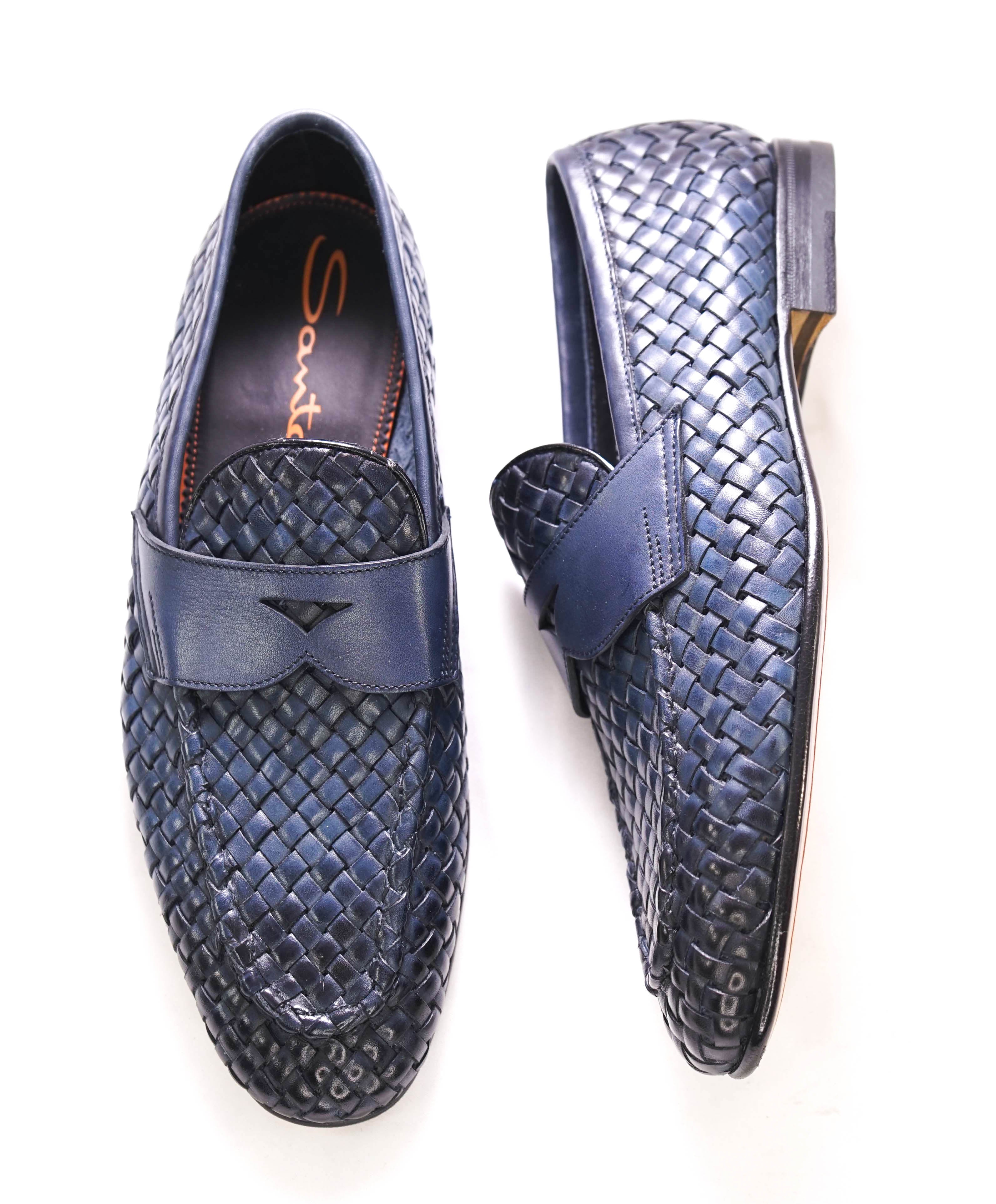 $1,080 SANTONI - Blue Hand Antiqued Woven Leather Penny Loafers- 9 US (8 UK)