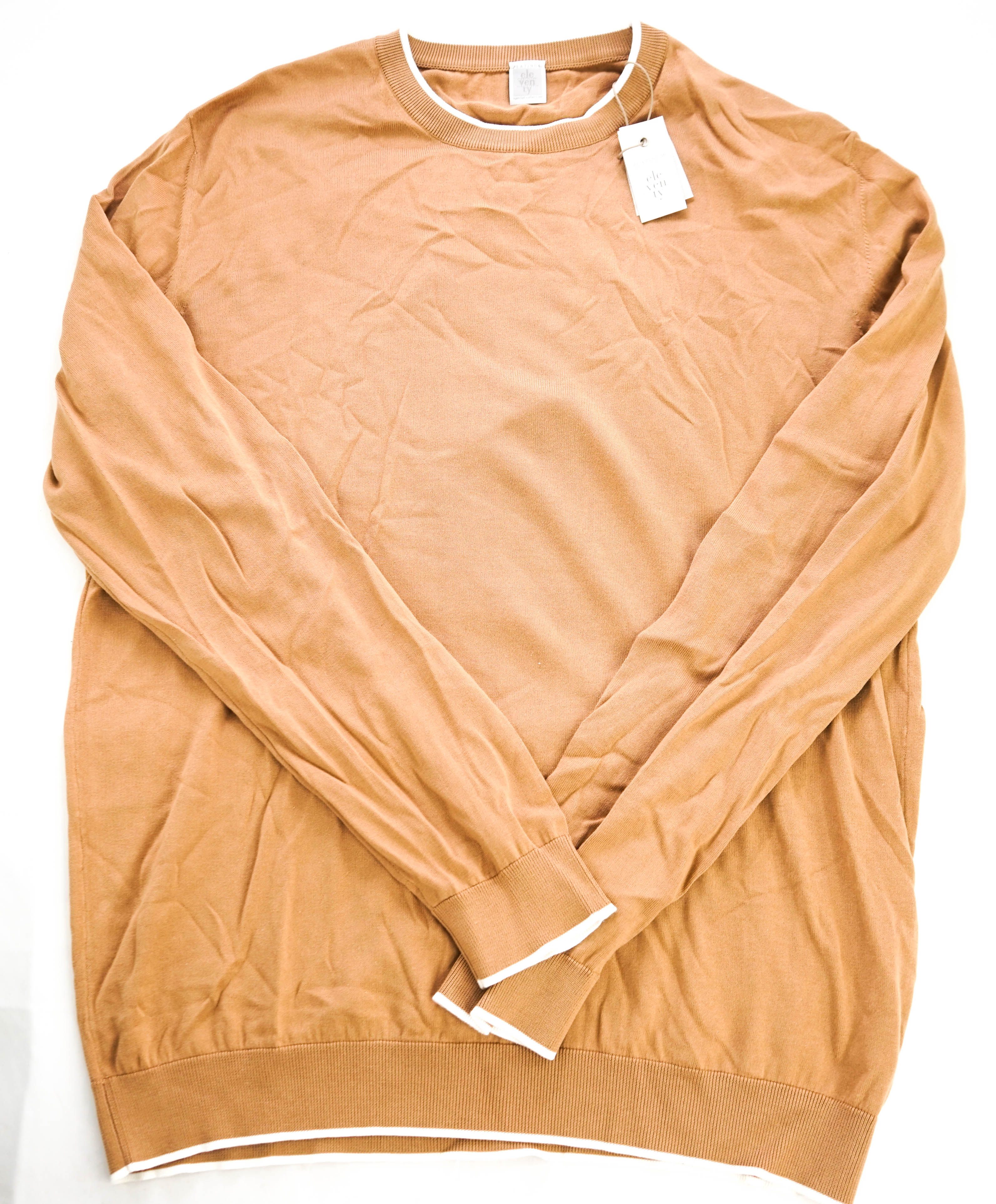 $795 ELEVENTY - *COTTON* Camel Ivory Tipped Crewneck Sweater - XL