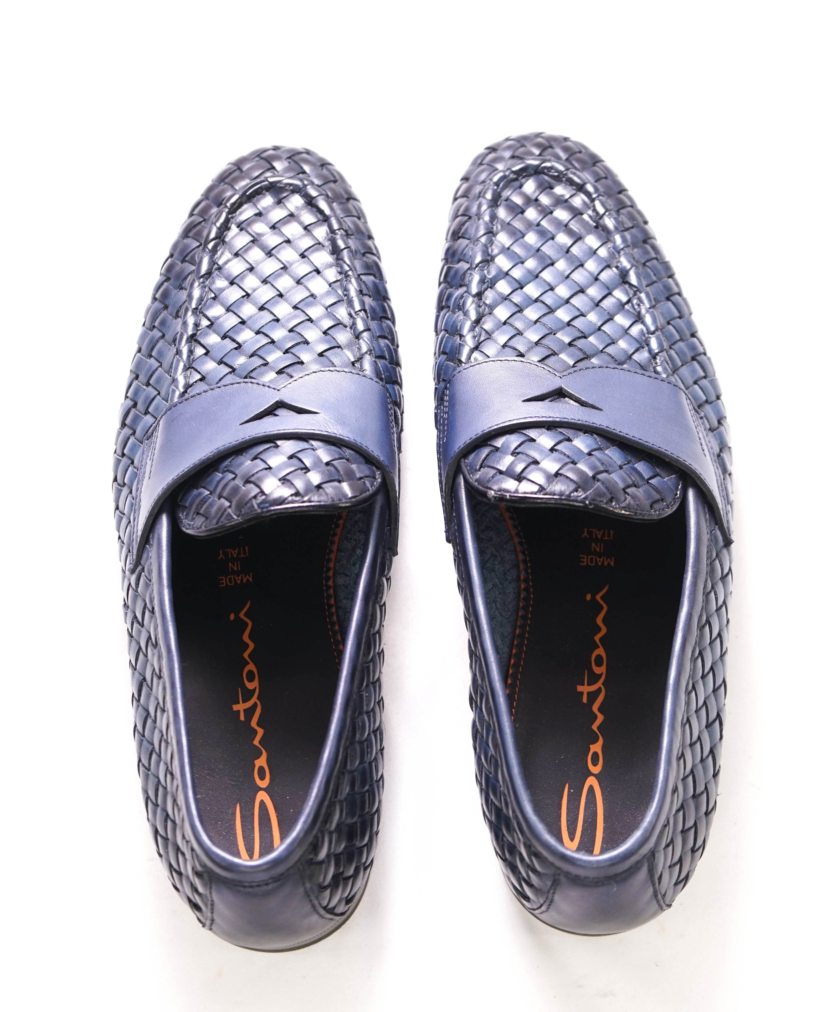 $1,080 SANTONI - Blue Hand Antiqued Woven Leather Penny Loafers- 9 US (8 UK)