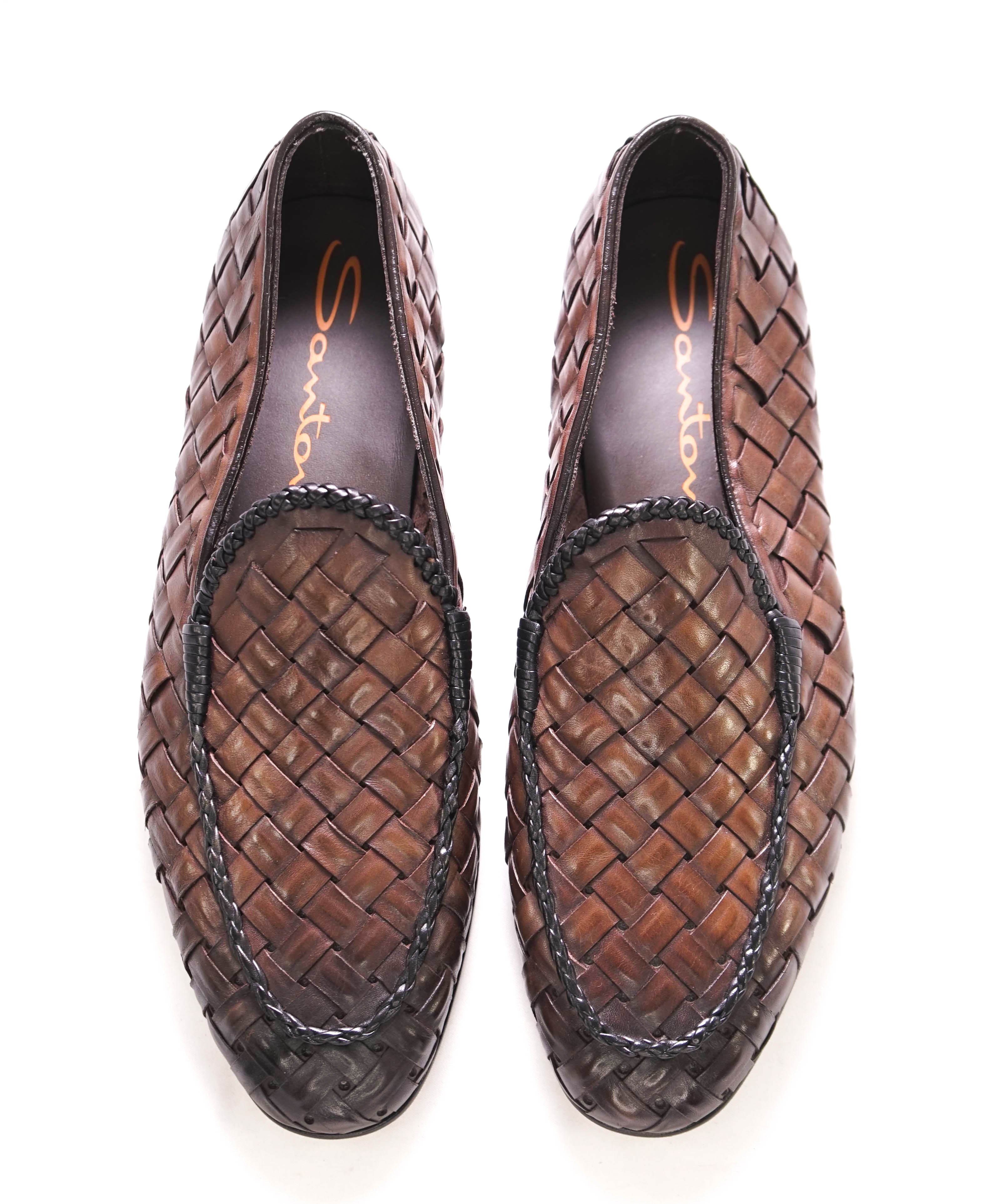 $1,080 SANTONI - Brown Hand Antiqued Woven Leather Loafers- 9 US (8 UK)