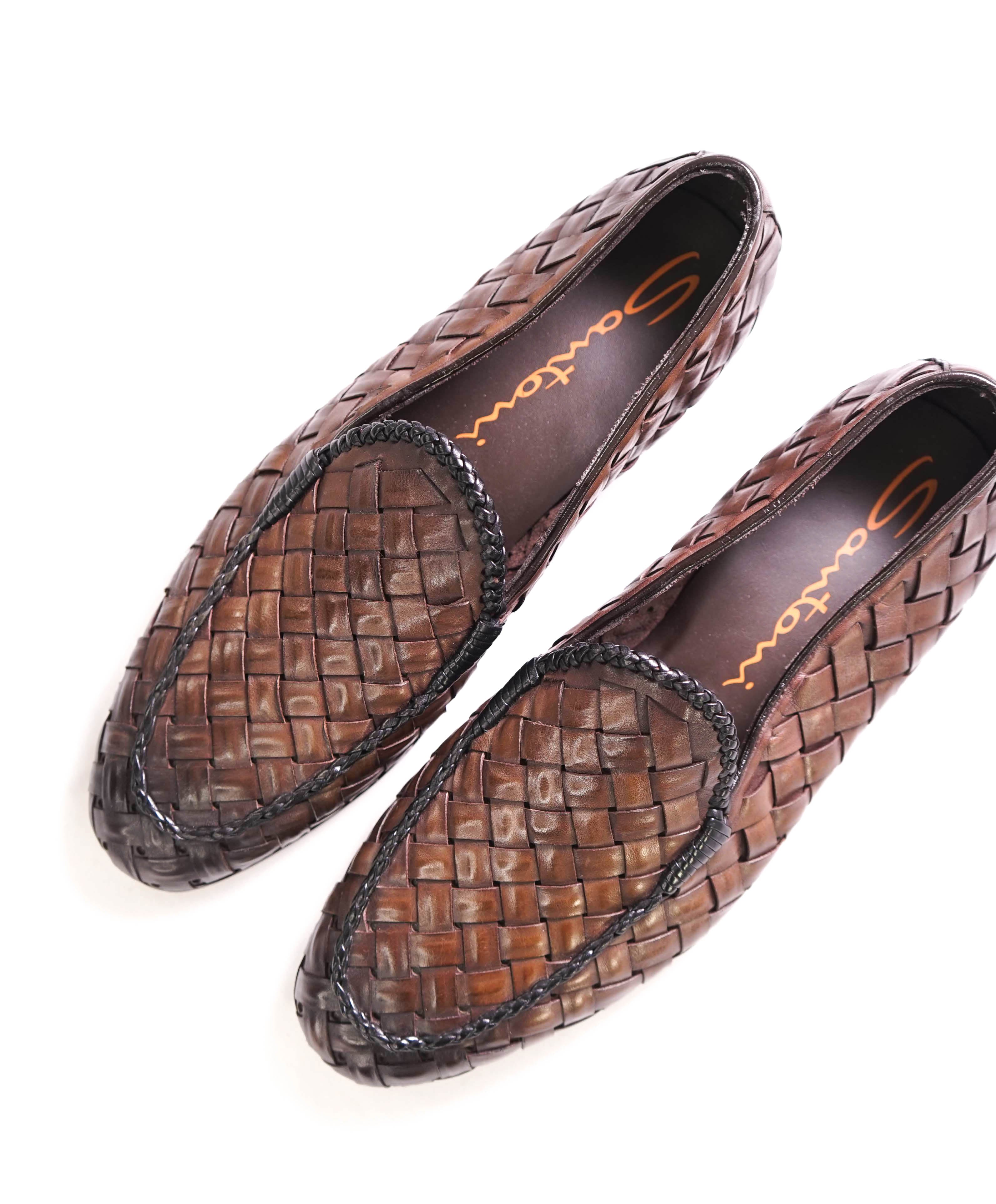 $1,080 SANTONI - Brown Hand Antiqued Woven Leather Loafers- 9 US (8 UK)