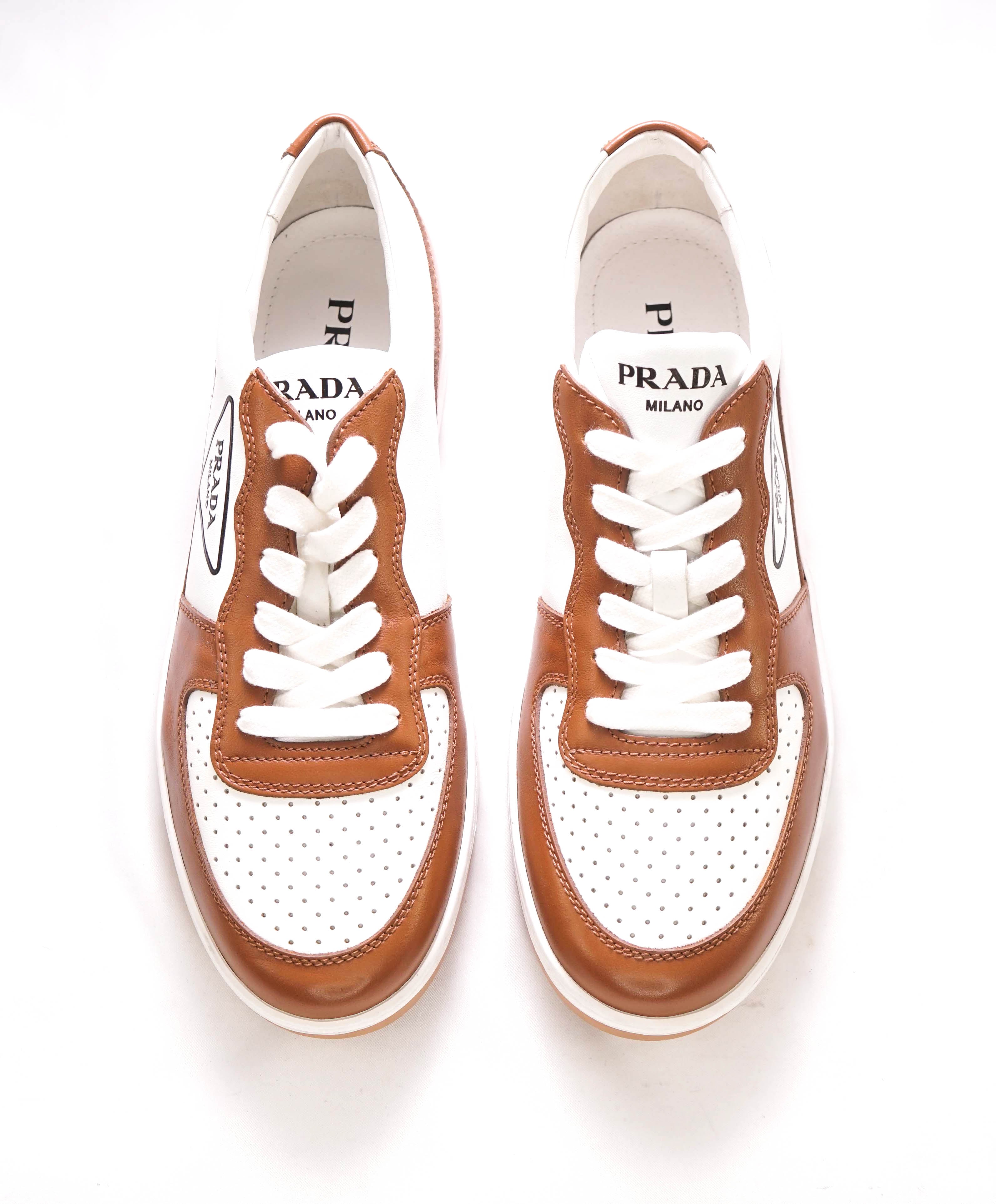 $1,100 PRADA - "DOWNTOWN" White/Camel Leather Sneakers With Logo Detail - 10 US (9 IT)