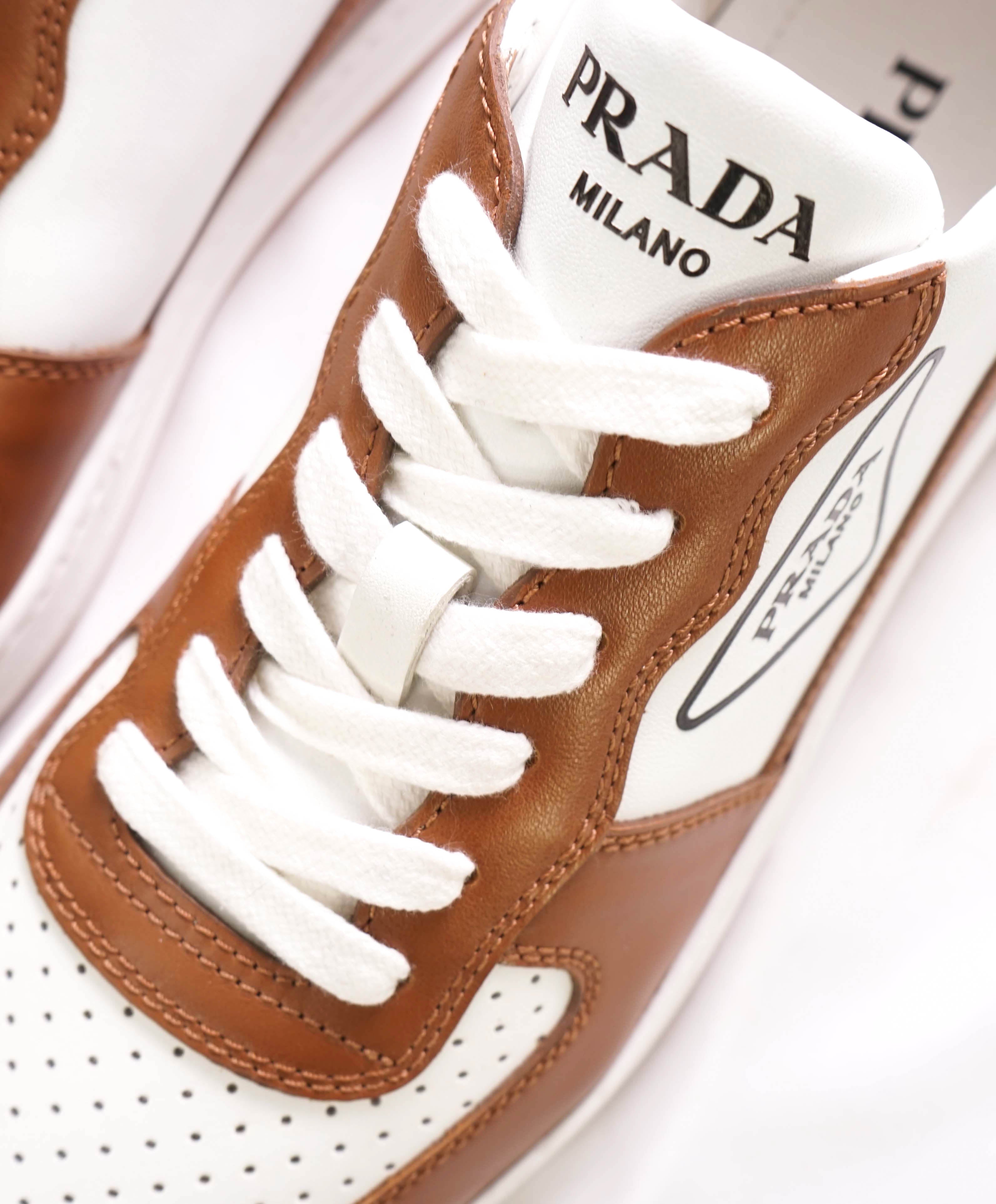 $1,100 PRADA - "DOWNTOWN" White/Camel Leather Sneakers With Logo Detail - 10 US (9 IT)