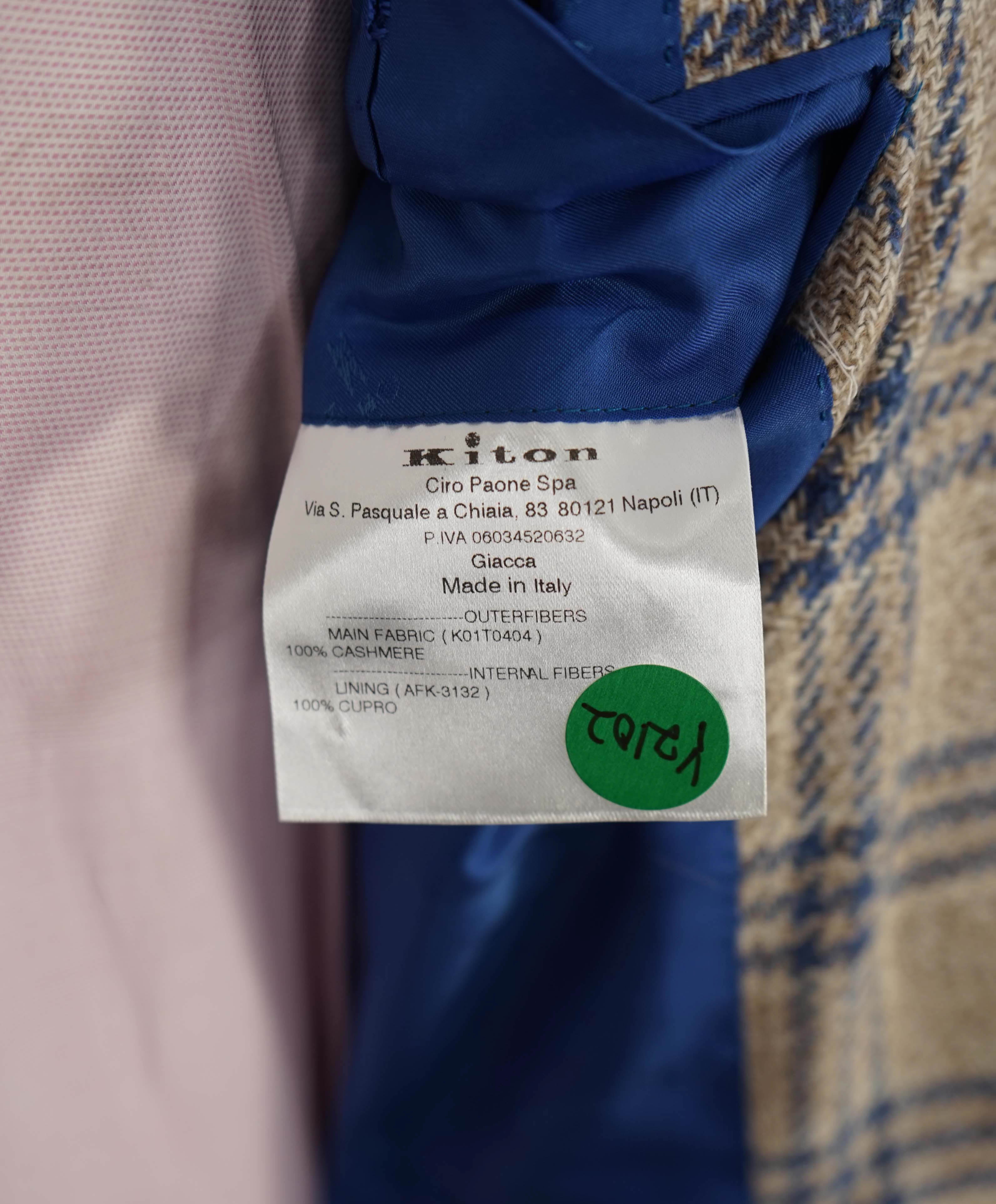 $9,600 KITON - *PURE CASHMERE* Camel Neutral & Blue Check Blazer - 38R