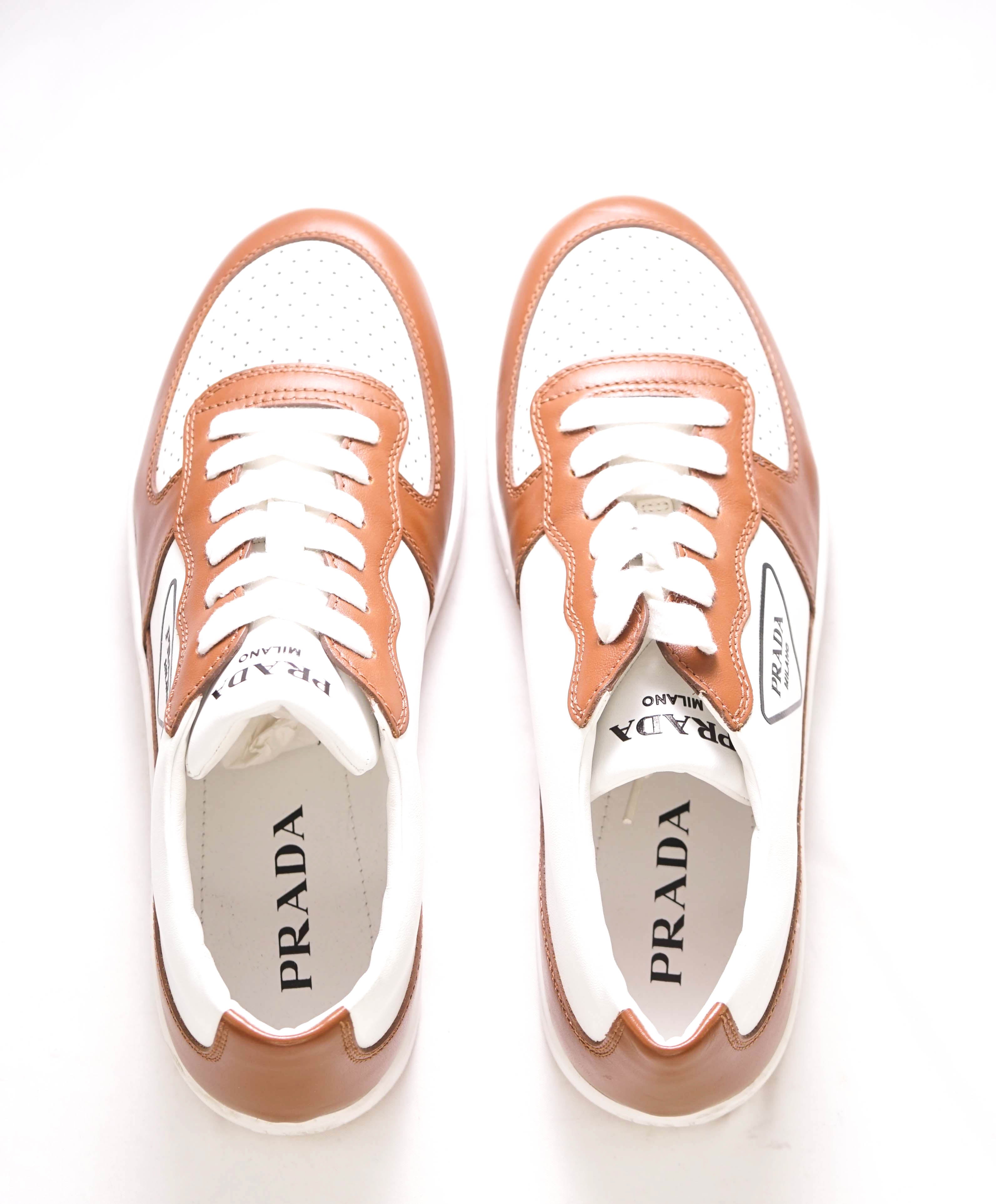 $1,100 PRADA - "DOWNTOWN" White/Camel Leather Sneakers With Logo Detail - 10 US (9 IT)