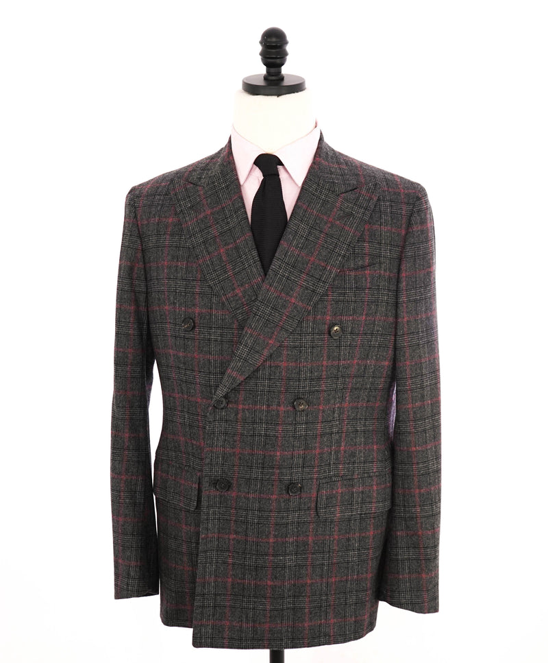 $5,750 ISAIA - "BASE MUSA" Gray & Red Check DOUBLE BREASTED Wool Suit - 40R